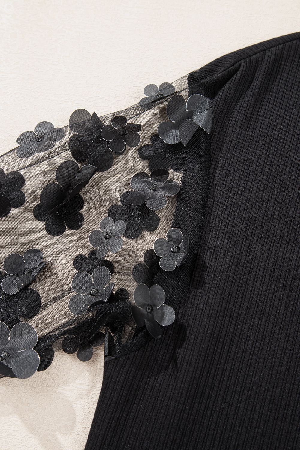Black Flower Applique Mesh Long Sleeve V Neck Blouse - loveforevers