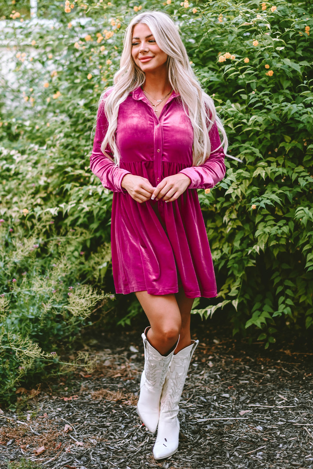 Fiery Red Long Sleeve Ruffle Velvet Button Up Dress - loveforevers