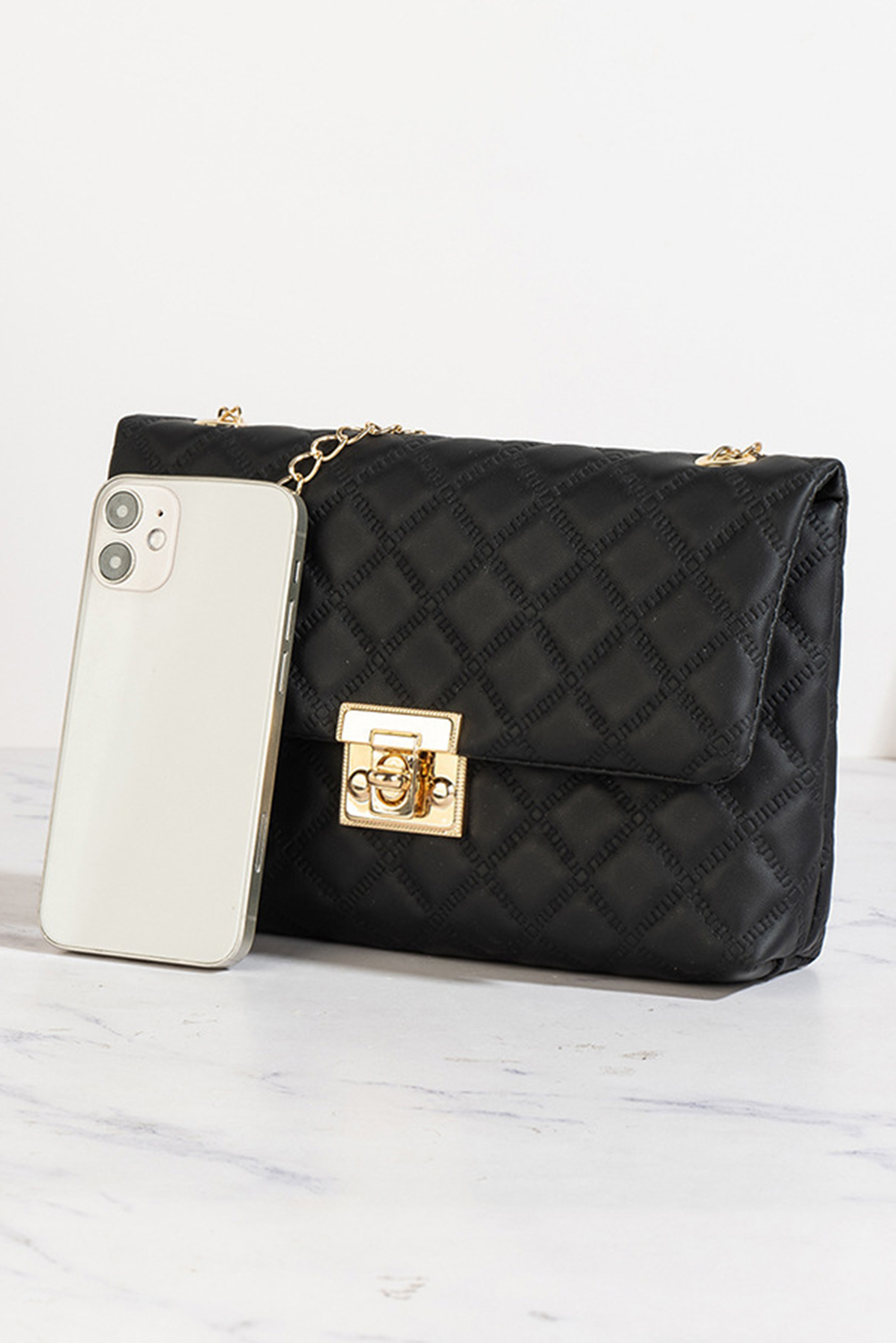 Black Textured PU Leather Gold Chain Buckle Single Shoulder Bag - loveforevers