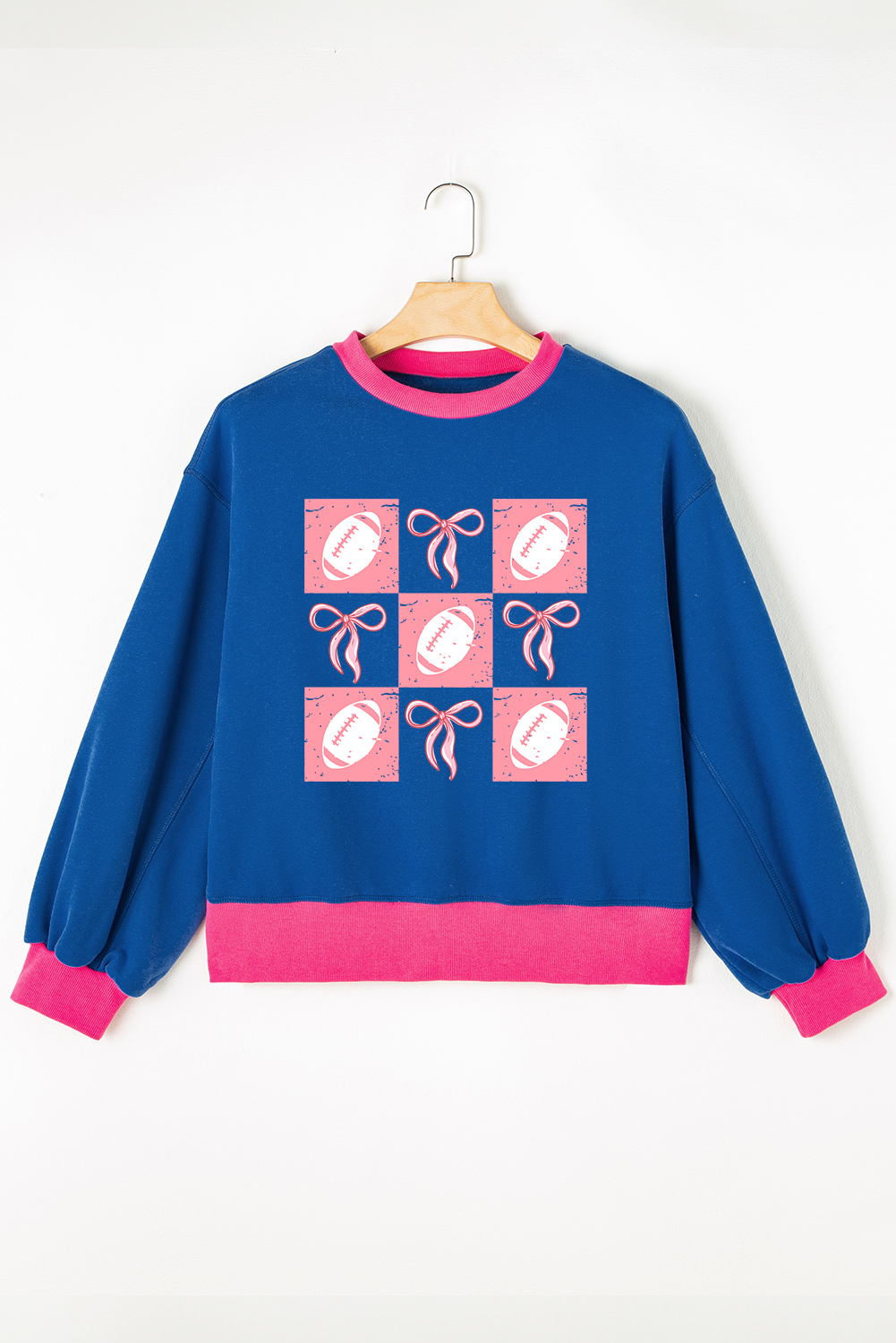 Blue Rugby Bowknot Graphic Game Day Contrast Trim Drop Shoulder Casual Sweatshirt - loveforevers