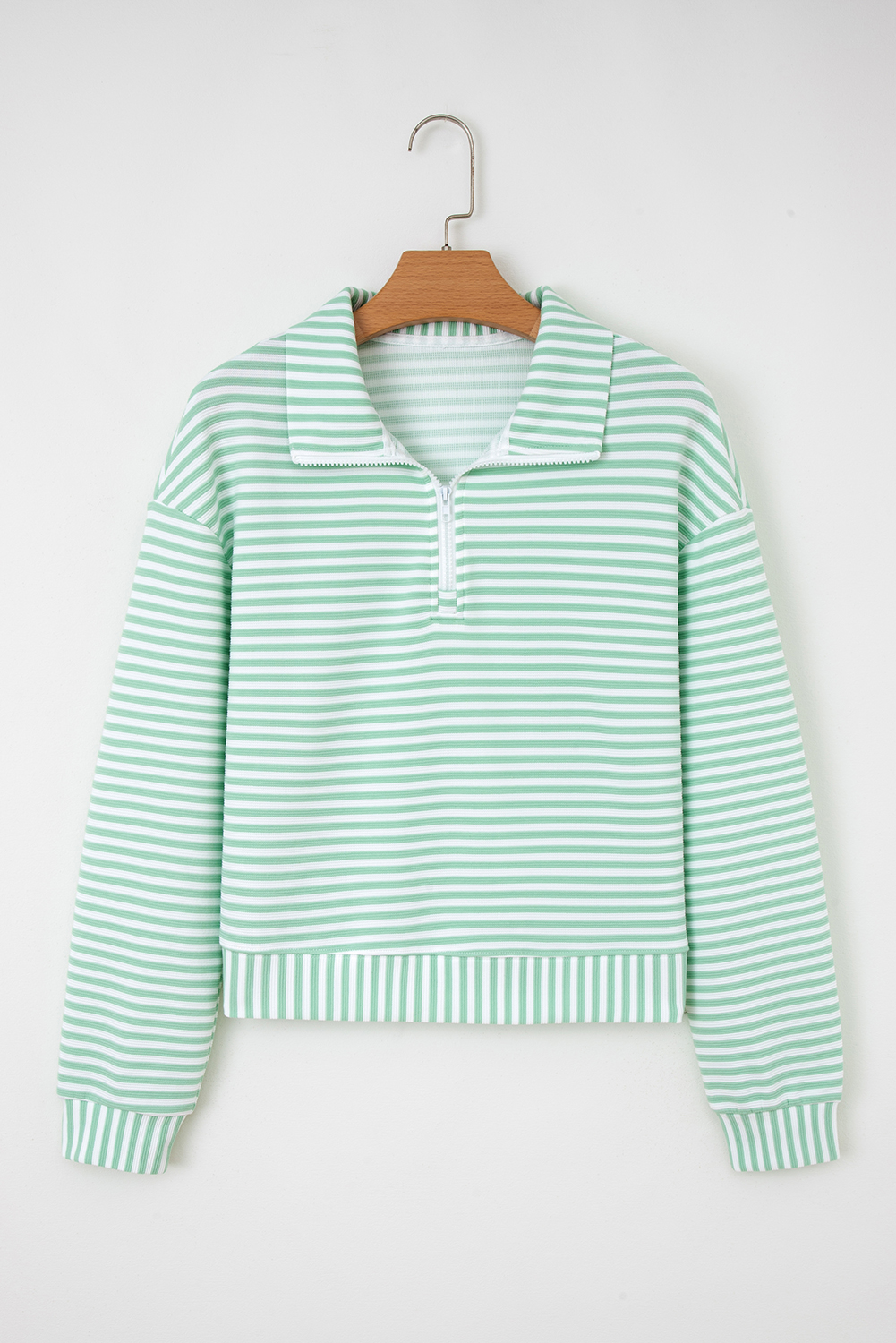 Green Stripe Quarter Zip Collar Pullover Long Sleeve Top - loveforevers