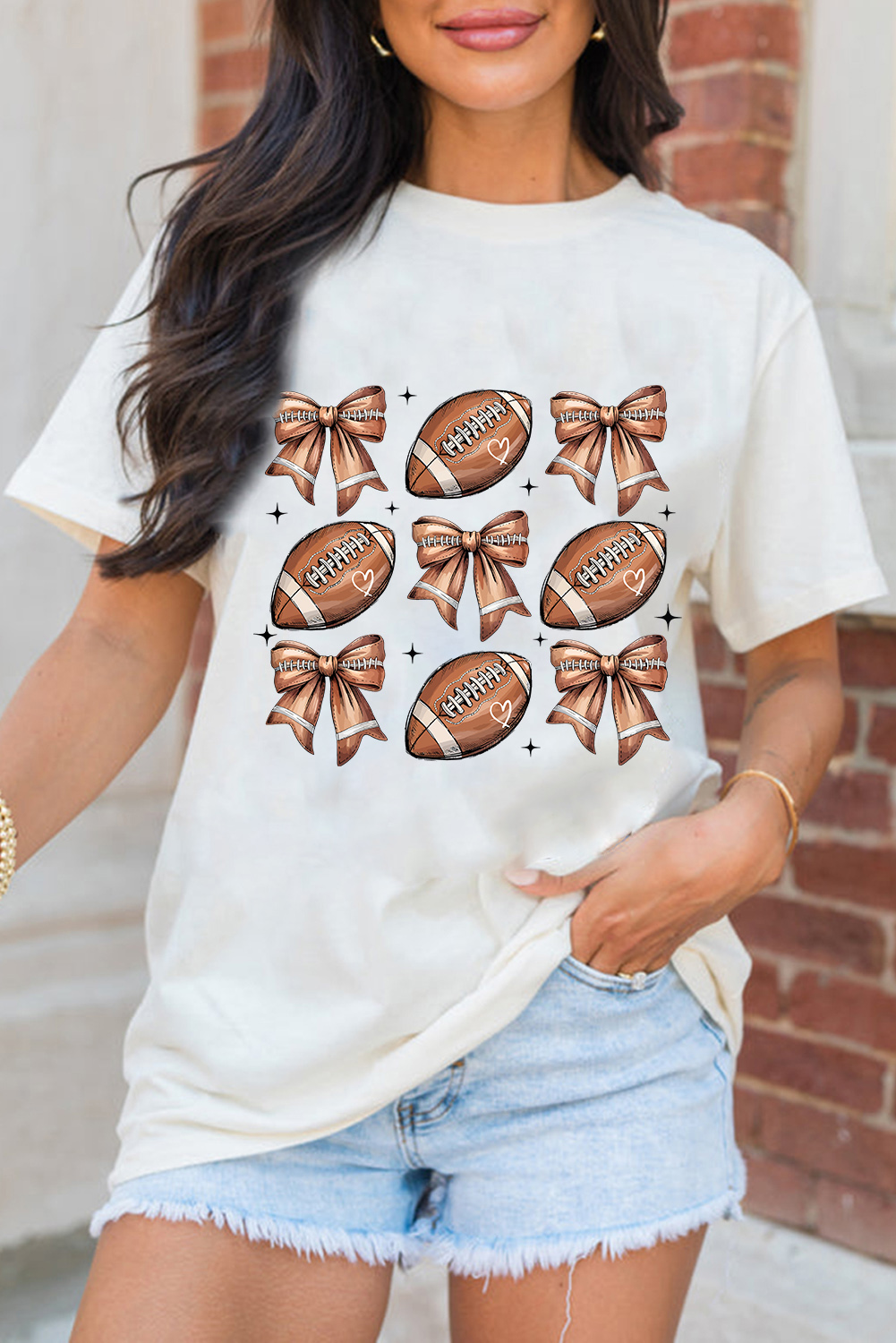 White Football Fashion Bow Print Cotton Blend T Shirt - loveforevers