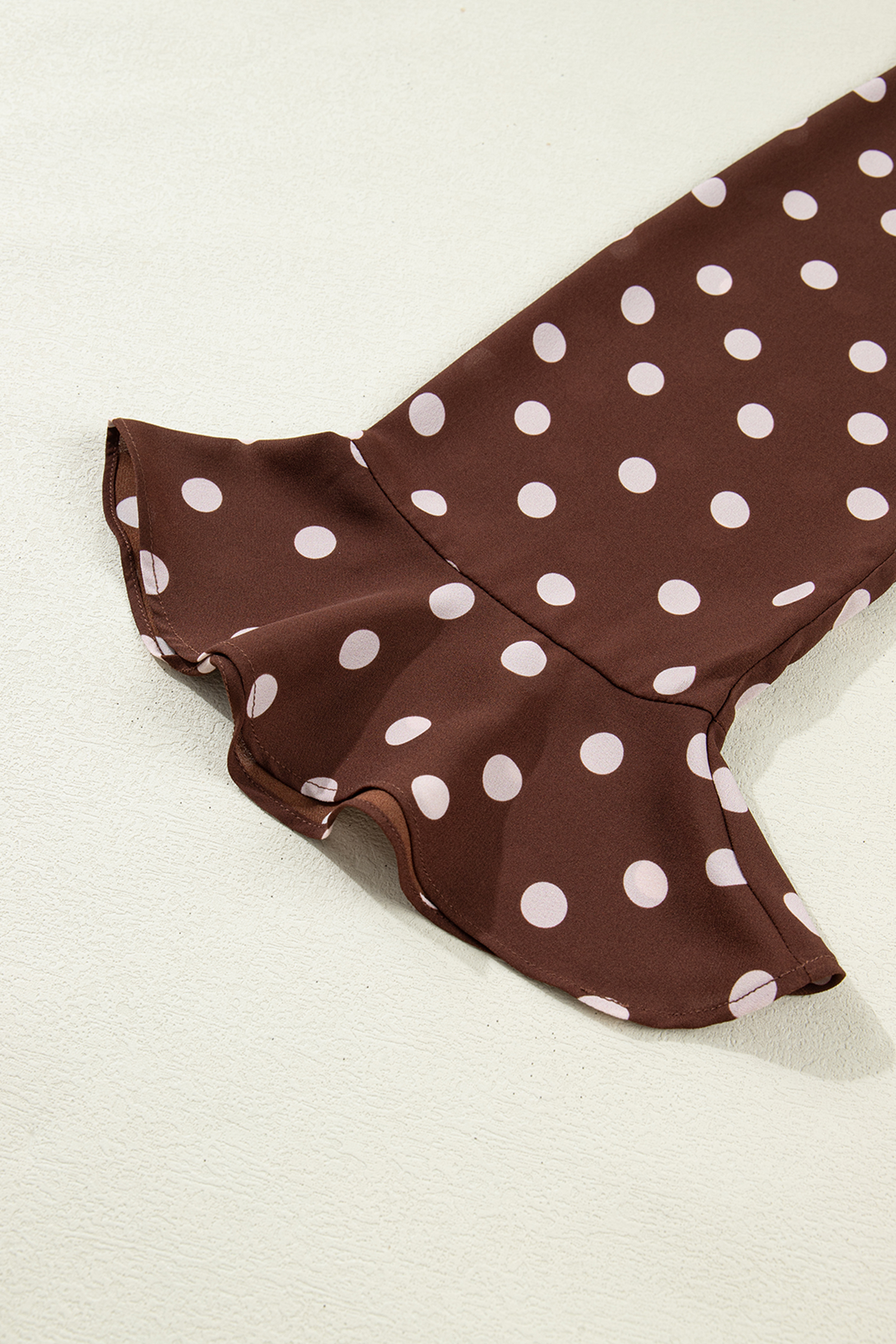 Coffee Polka Dot Print Ruffle Trim V Neck Long Bell Sleeve Blouse - loveforevers
