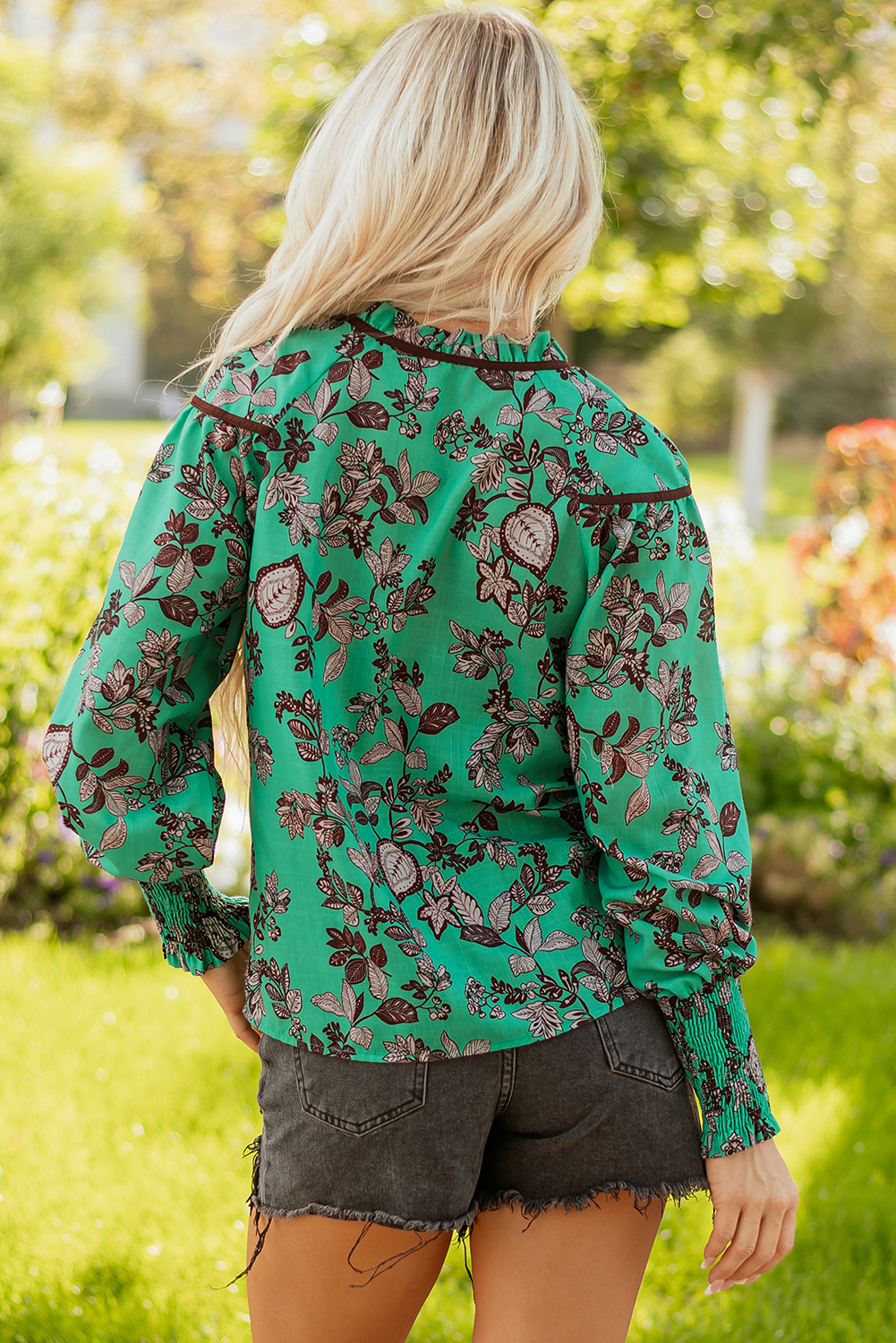 Green Leaves Print Contrast Trim V Neck Shirred Puff Sleeve Blouse - loveforevers