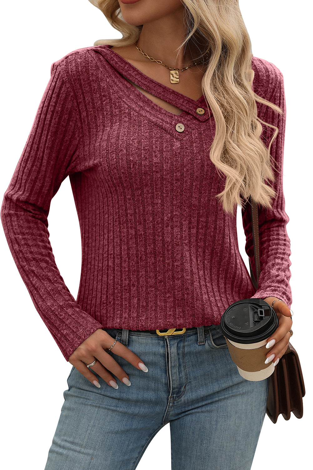 Mineral Red Ribbed Long Sleeve Buttoned Strap V Neck Top - loveforevers