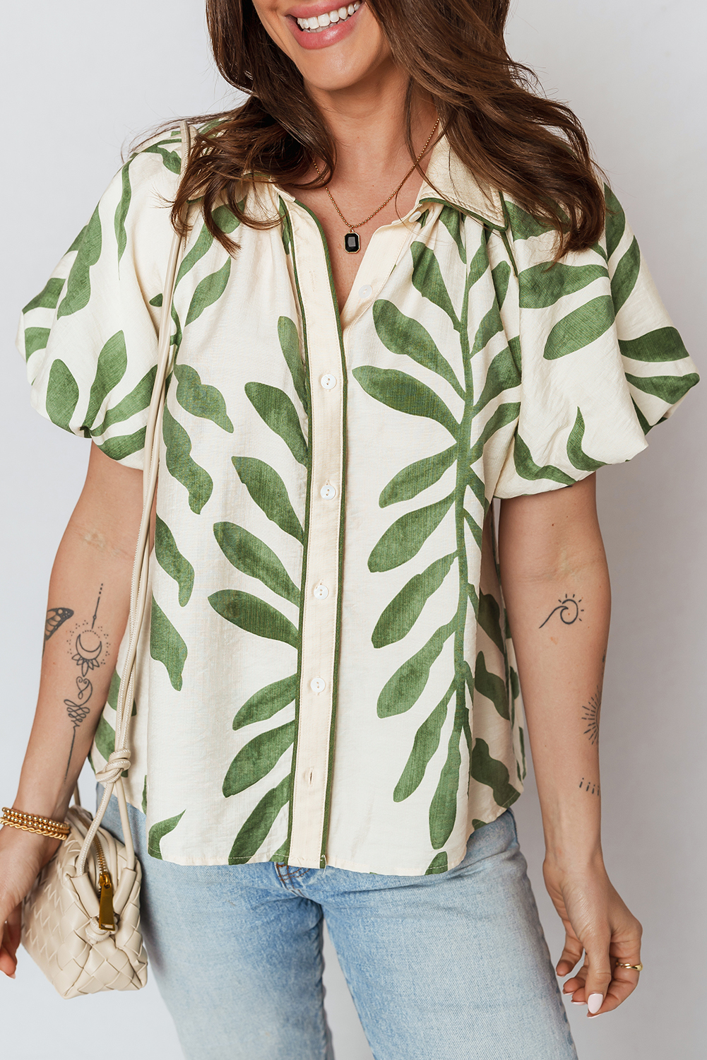 Green Leaf Print Short Balloon Sleeve Shirt - loveforevers