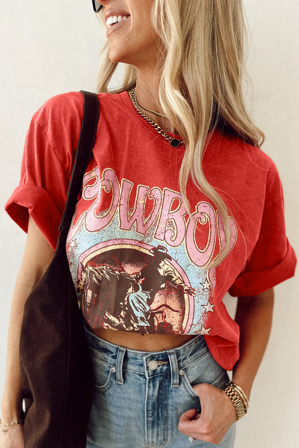 Tomato Red COWBOY Take Me Away Graphic Western Loose Tee - loveforevers