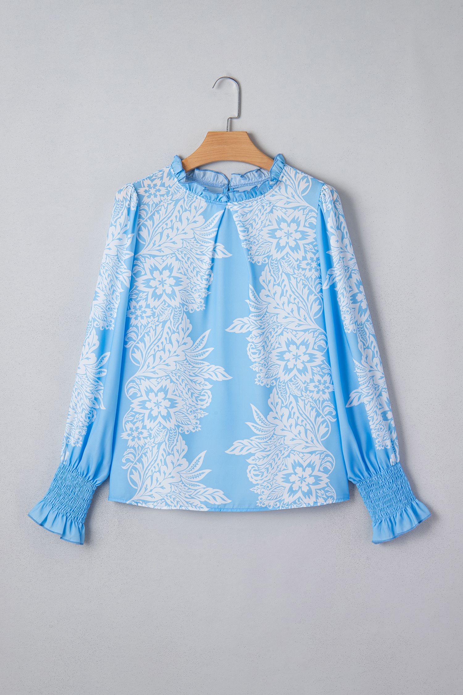 Sky Blue Ruffled Collar Puff Sleeve Flower Blouse - loveforevers