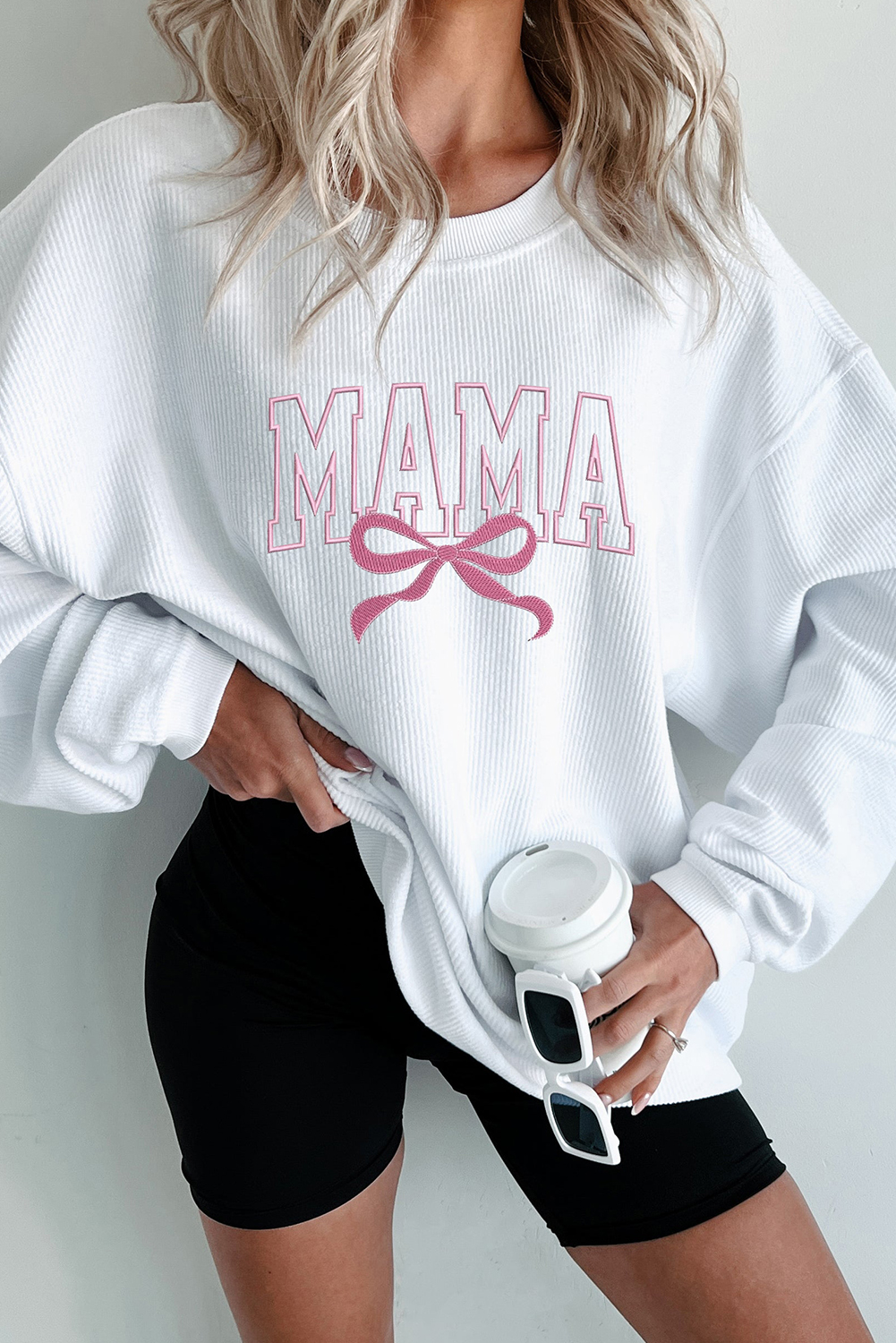 White MAMA Bowknot Embroidered Ribbed Pullover Sweatshirt - loveforevers