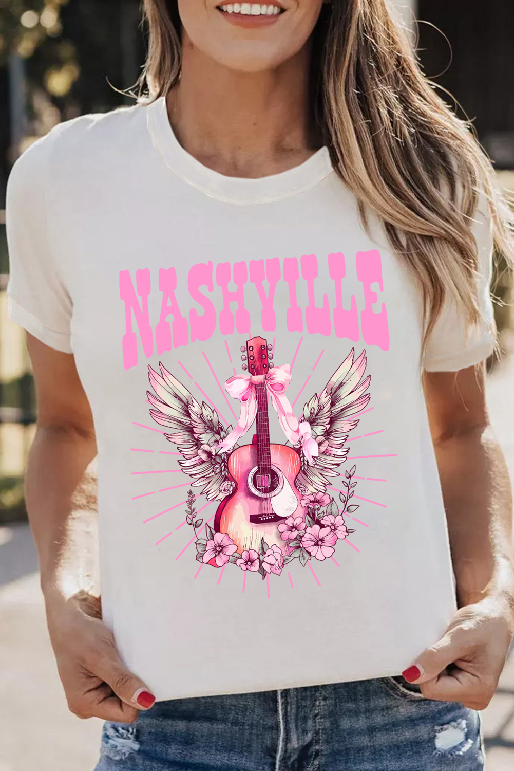 White NASHVILLE Guitar Graphic Music Festival T Shirt - loveforevers