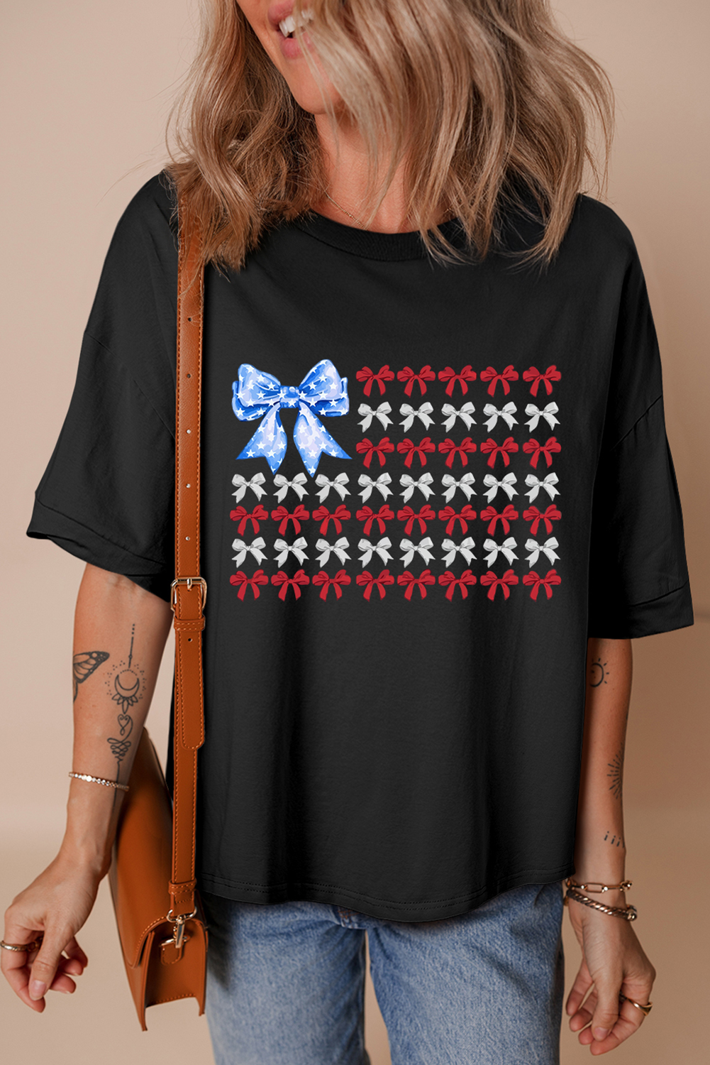 Black American Flag Inspired Bow Graphic Drop Shoulder T Shirt - loveforevers