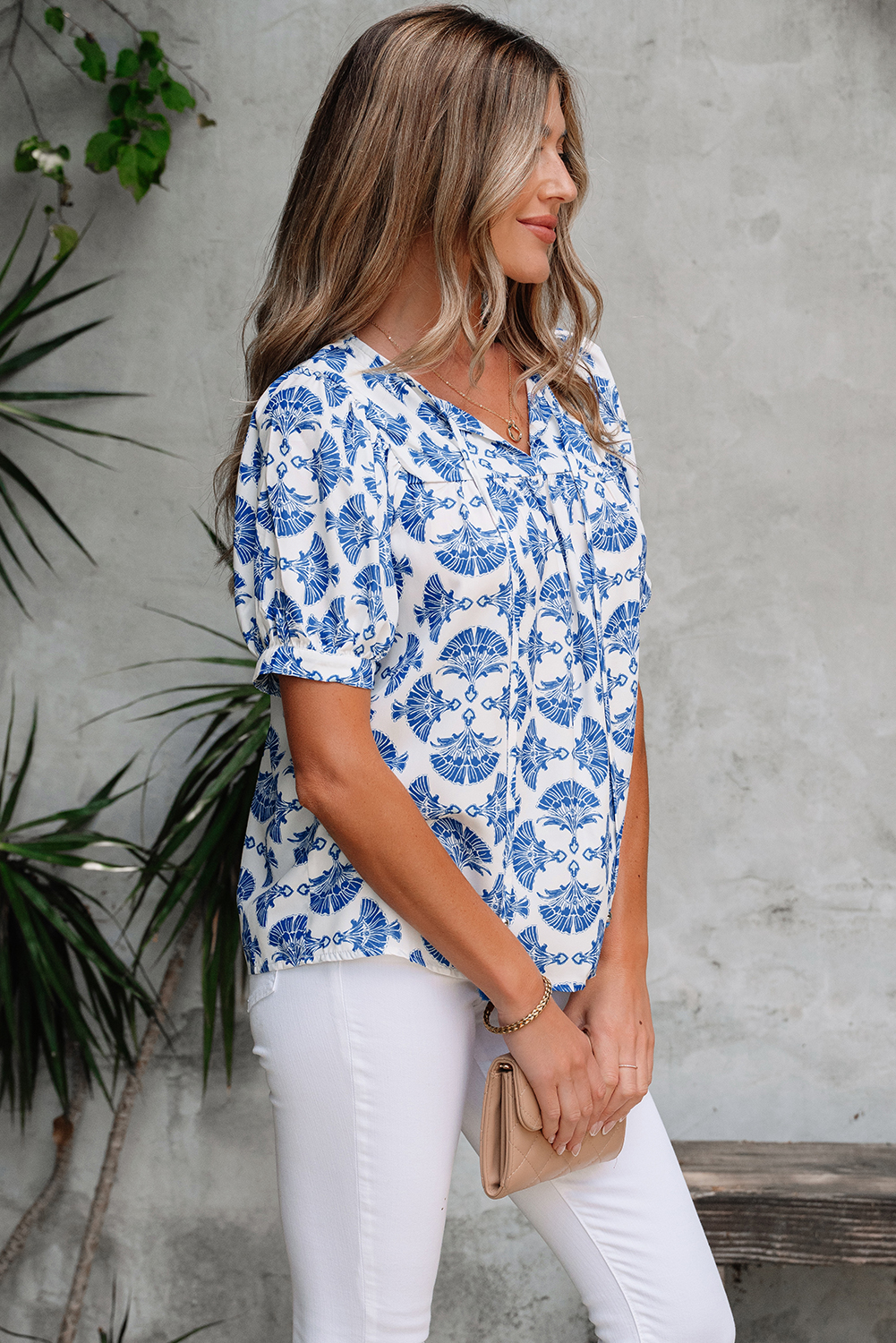 Sky Blue Geometric Print Tassel Drawstring V Neck Blouse - loveforevers