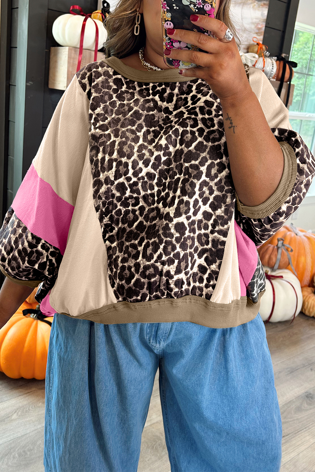 Brown Leopard Print Color Block Patchwork 3/4 Sleeve Loose Top - loveforevers