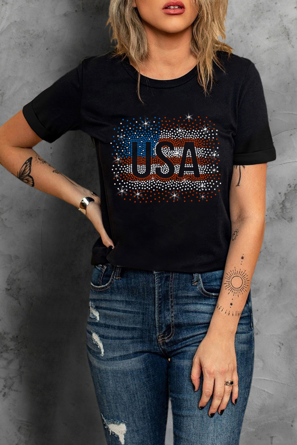 Black Rhinestone America Flag USA Graphic T Shirt - loveforevers