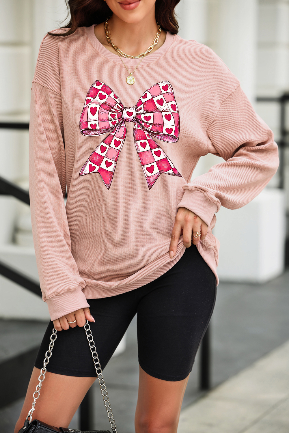Pink Solid Ribbed Knit Round Neck Pullover Sweatshirt - loveforevers