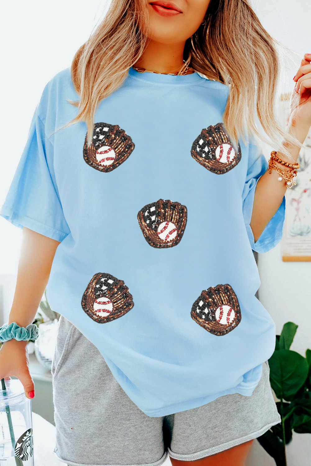 Light Blue Gopher Ball Sequin Patched Casual T Shirt - loveforevers