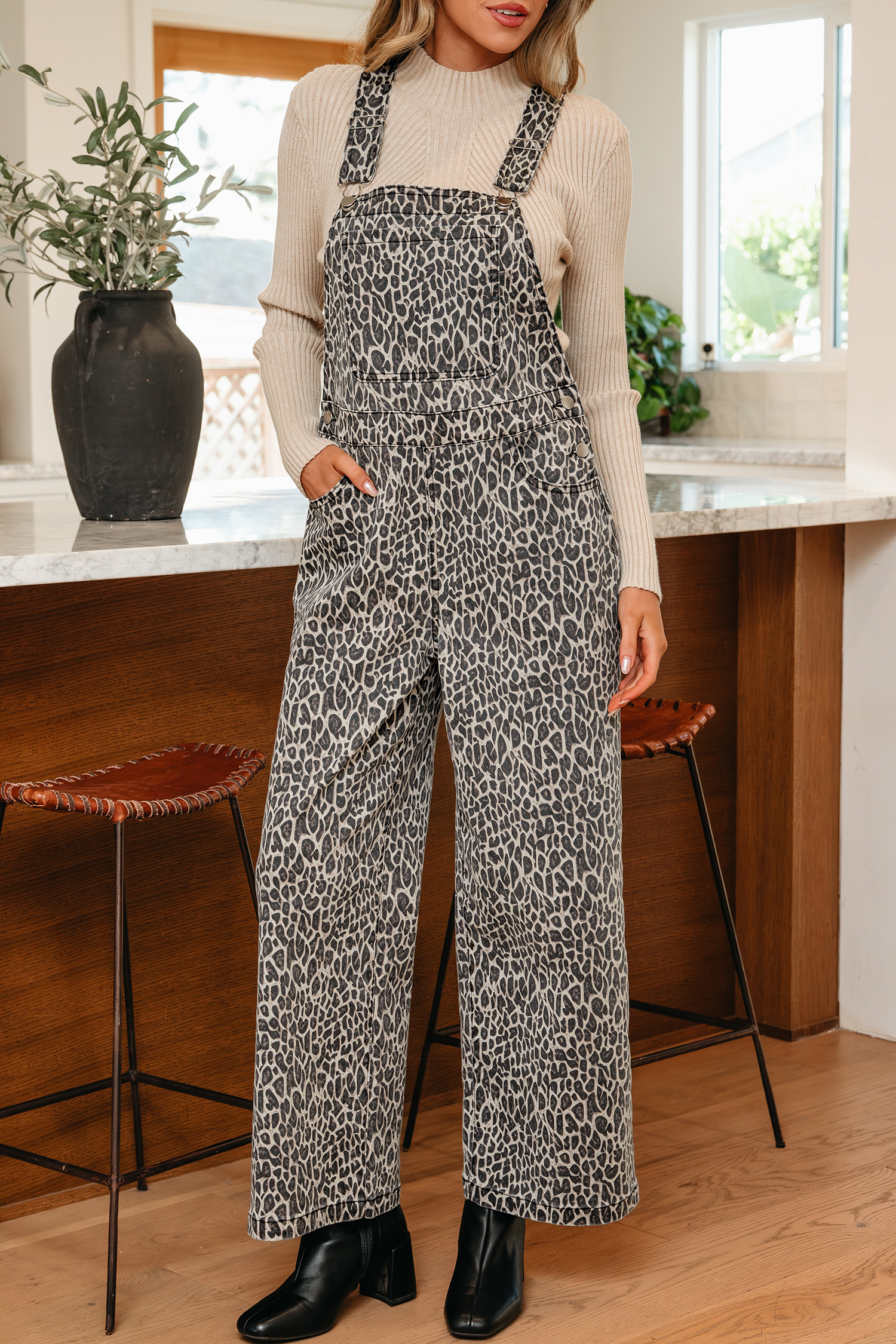 Brown  Leopard Print Straight Leg Loose Denim Overall Jumpsuit - loveforevers