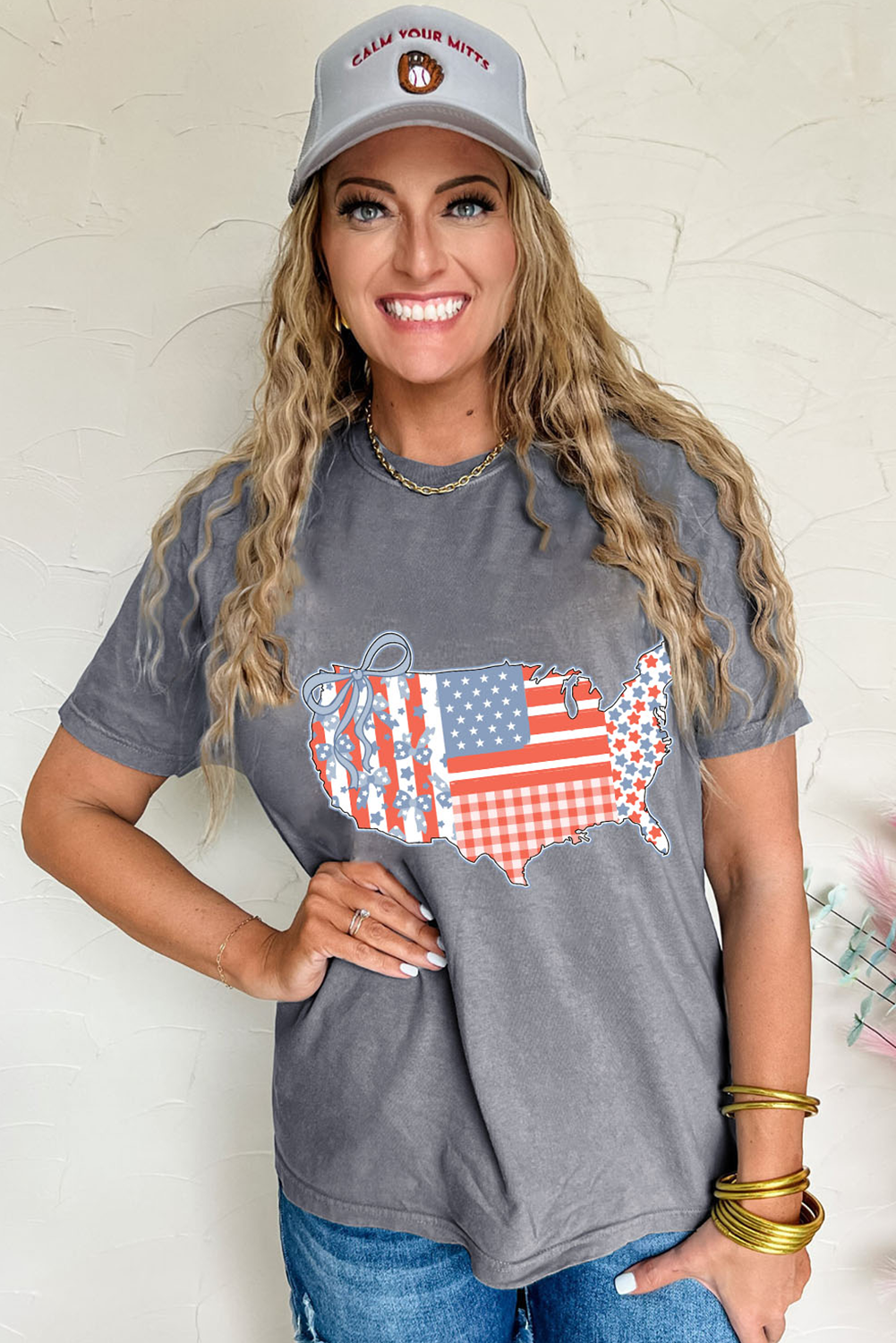 Gray American Flag Bow Map Graphic Tee - loveforevers