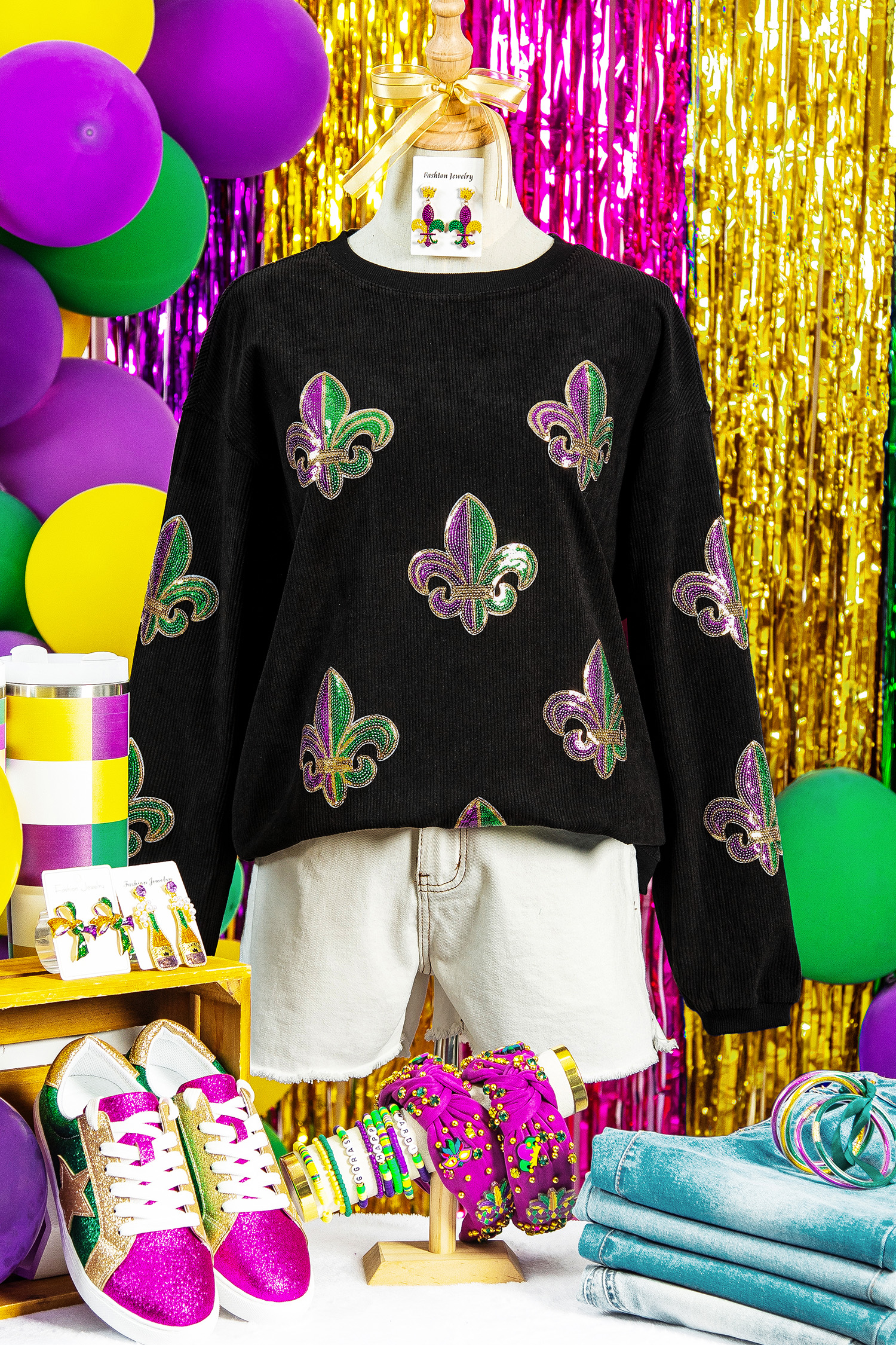 Black Corded Ribbed Sequin Fleur De Lis Graphic Pullover Sweatshirt - loveforevers