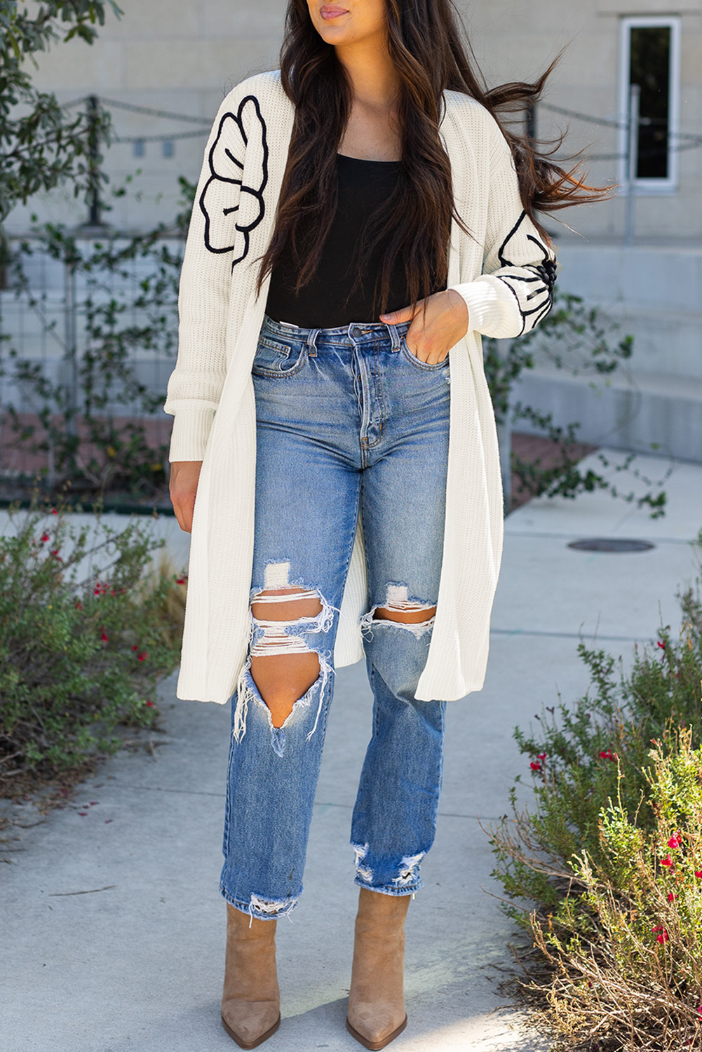 Black Flower Embroidered Drop Shoulder Open Front Duster Cardigan - loveforevers