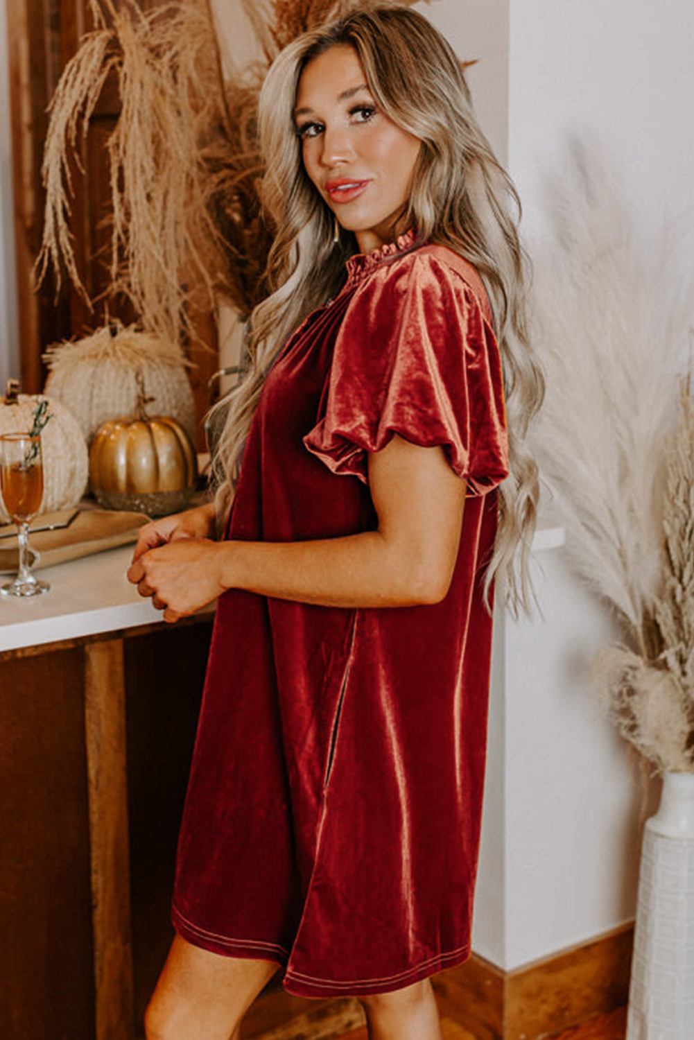 Cinnamon Velvet Smocked Neckline Puff Sleeve Shift Mini Dress - loveforevers