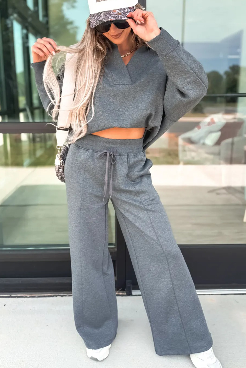 Bristol Black Collared V Neck Pullover Sweatshirt Sweatpants Set - loveforevers