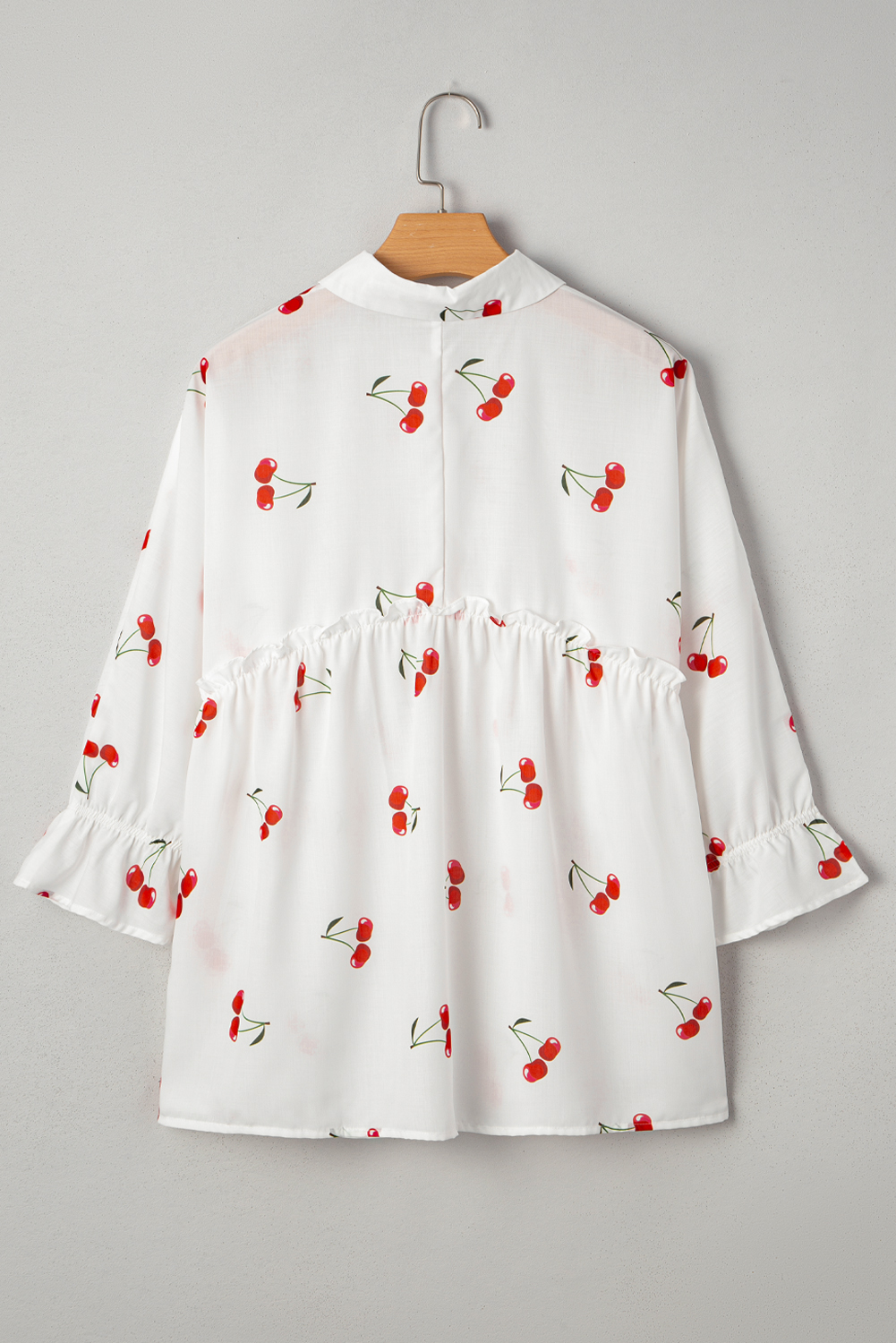 White Cherry Print Flounce Sleeve Collared Frilled Babydoll Blouse - loveforevers