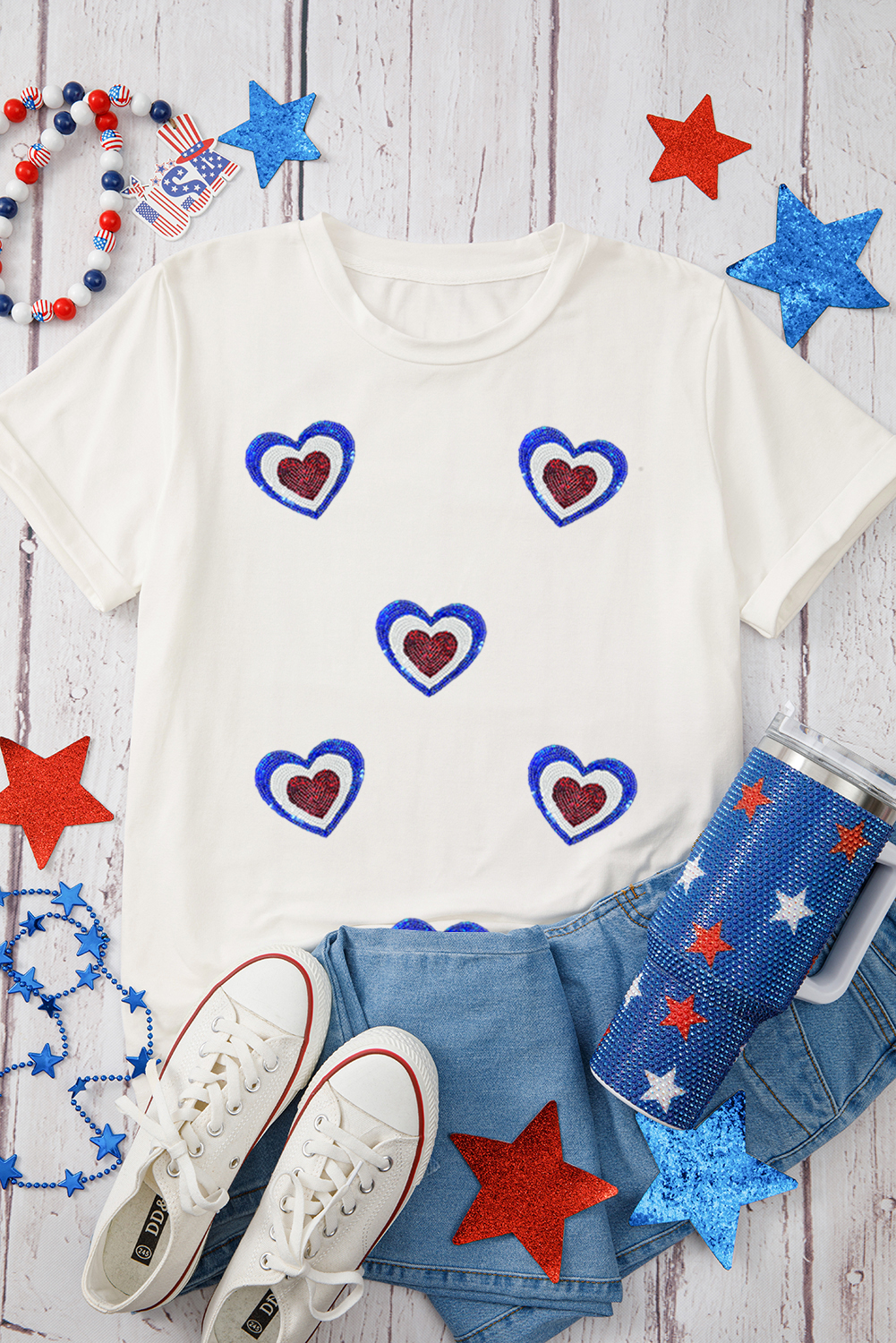 White Sequin Patriotic Heart Graphic Crewneck T Shirt - loveforevers