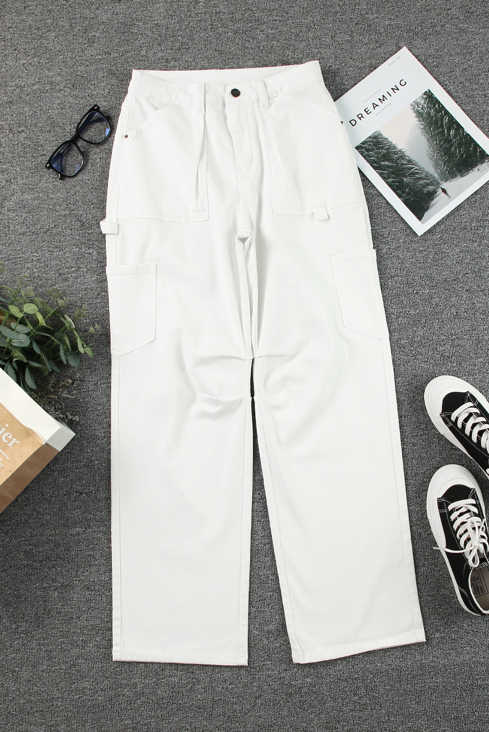 White High Waist Straight Leg Cargo Pants with Pockets - loveforevers