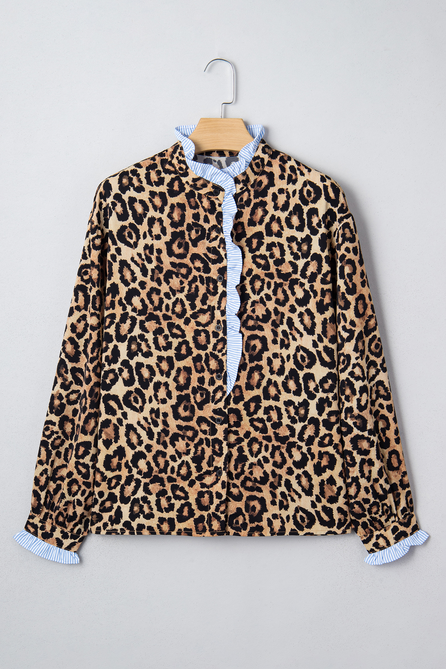 Brown Wild Leopard Print Contrast Striped Frilled Trim Chic Shirt - loveforevers