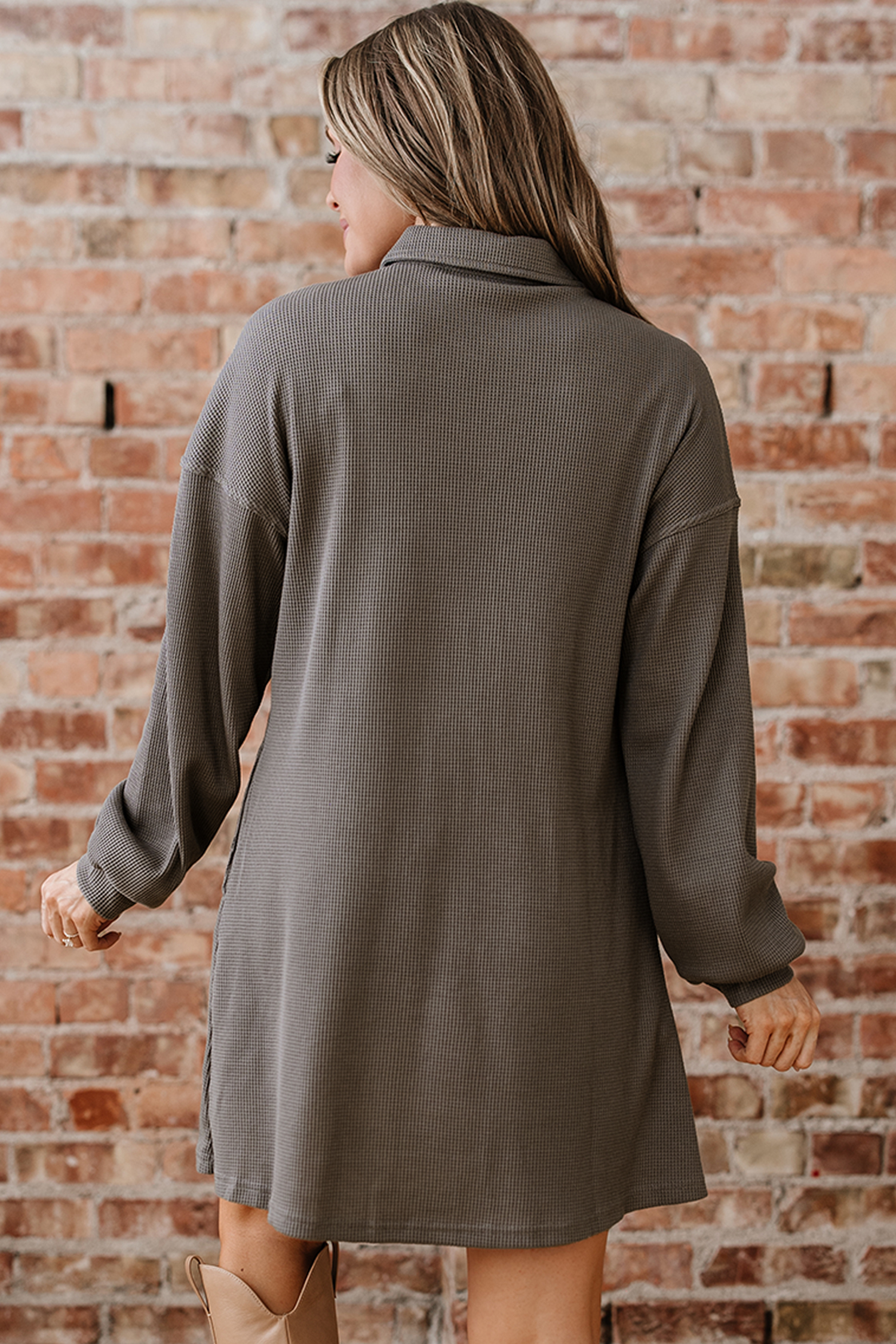 Simply Taupe Waffle Knit Shirt Tunic Dress - loveforevers