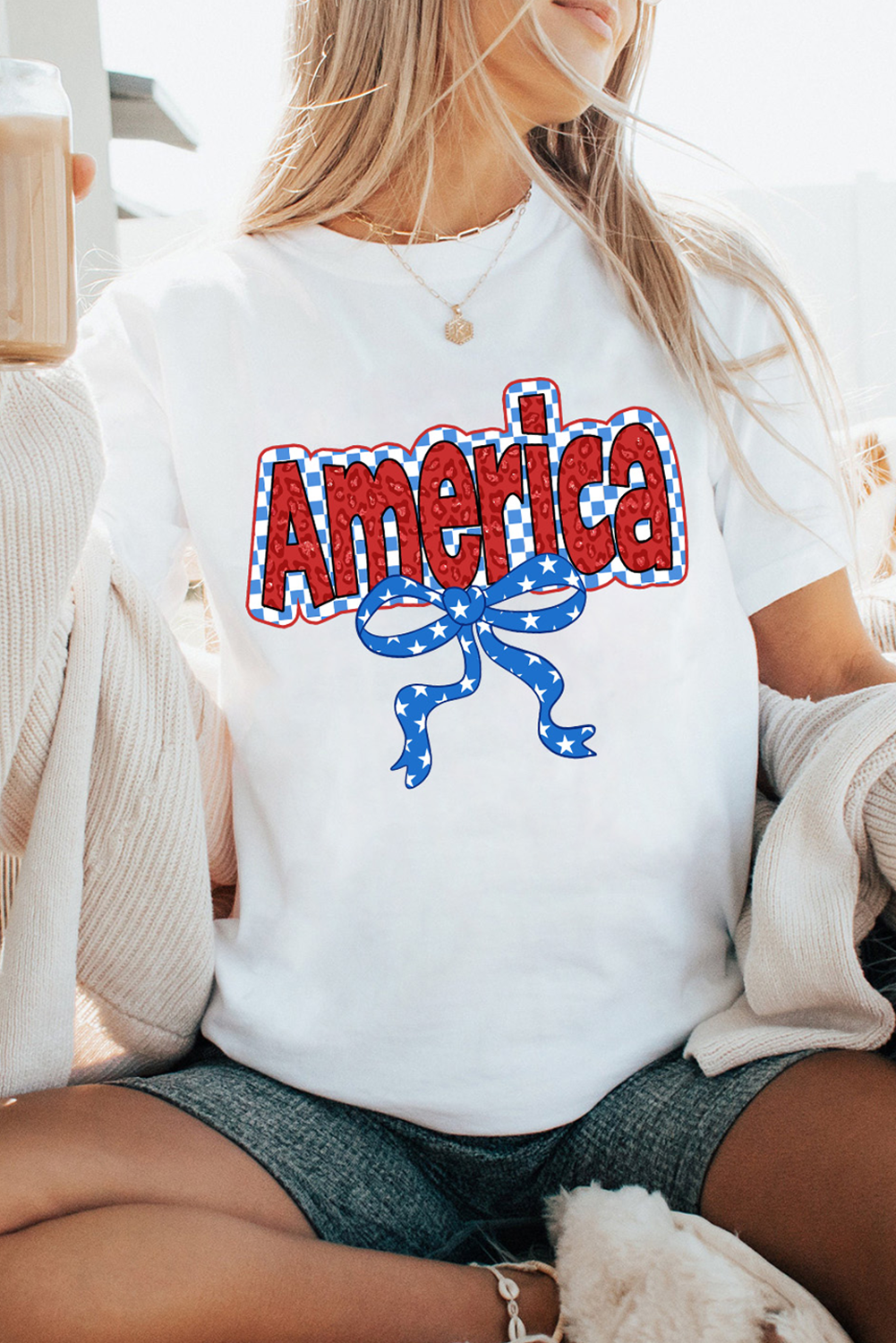 White Funky America Letter Bow Printed T Shirt - loveforevers