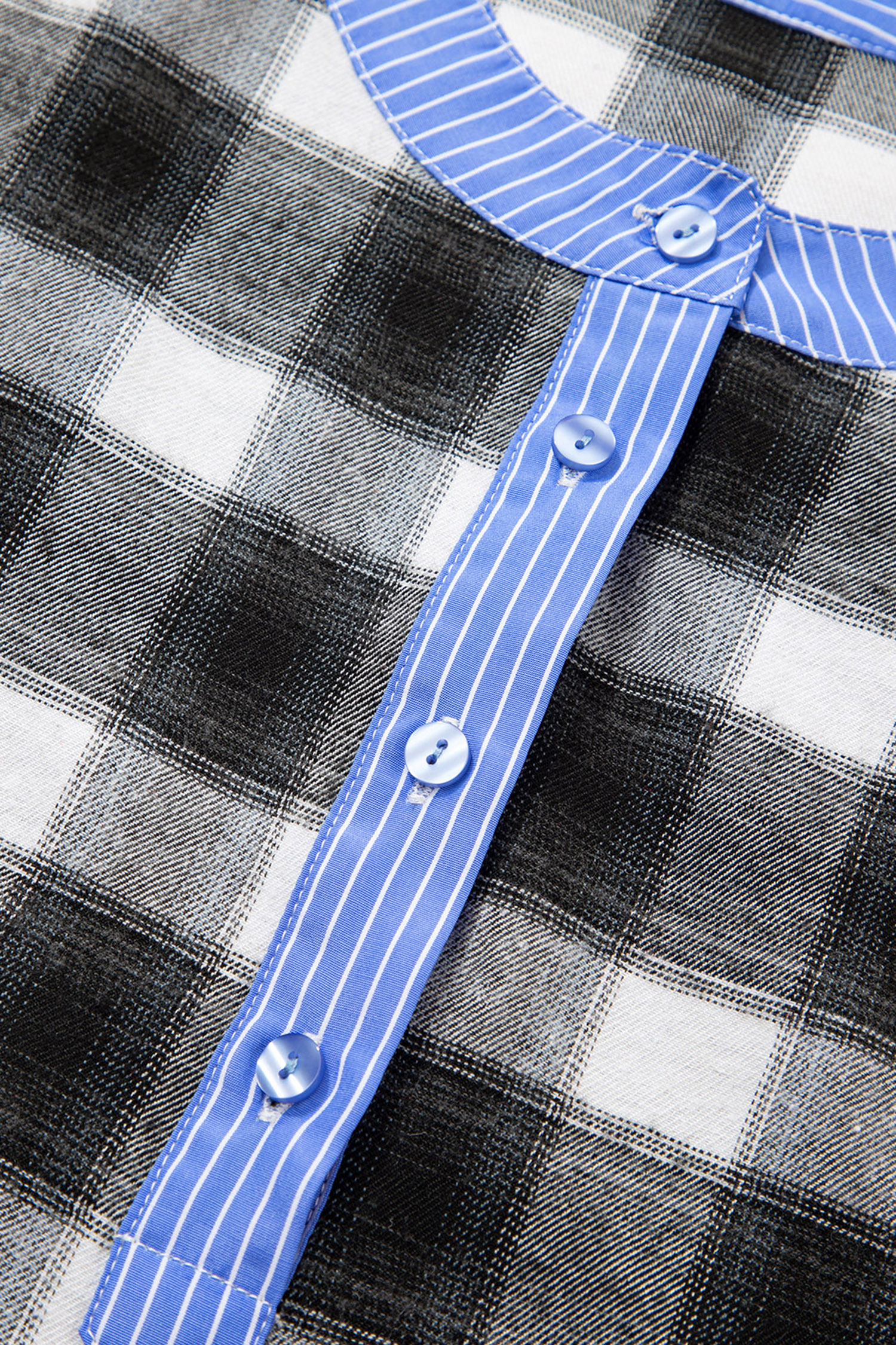 Black Contrast Striped Edge Half Placket Plaid Blouse - loveforevers
