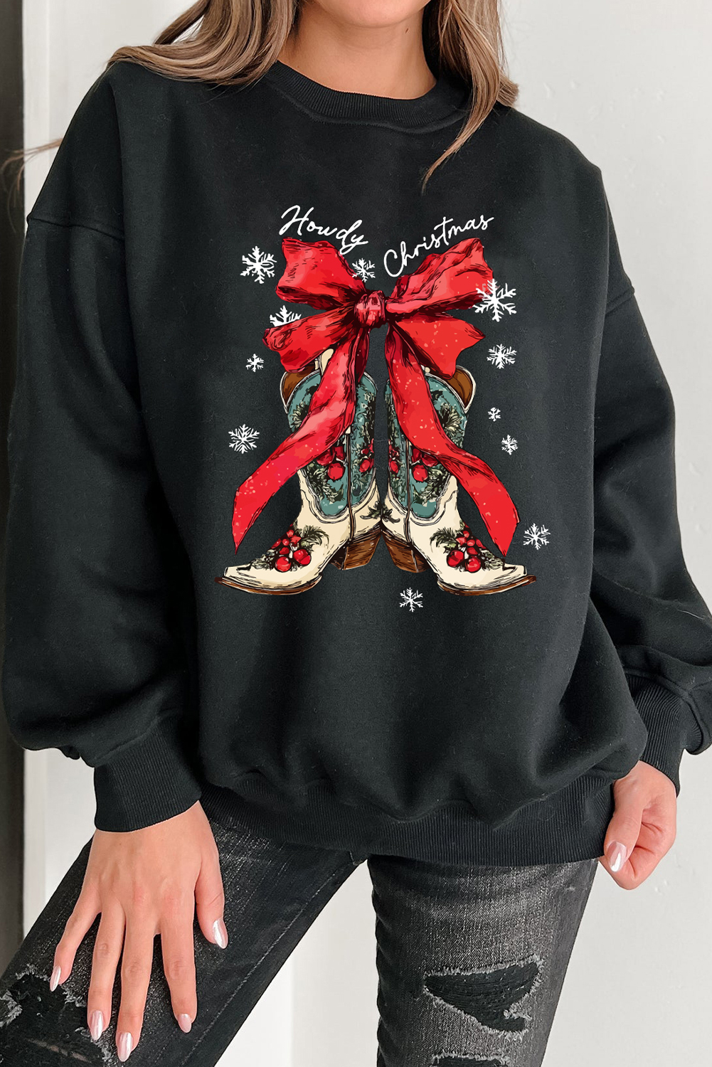 Black Howdy Christmas Ribbon Bow Knot Western Boots Graphic Sweatshirt - loveforevers