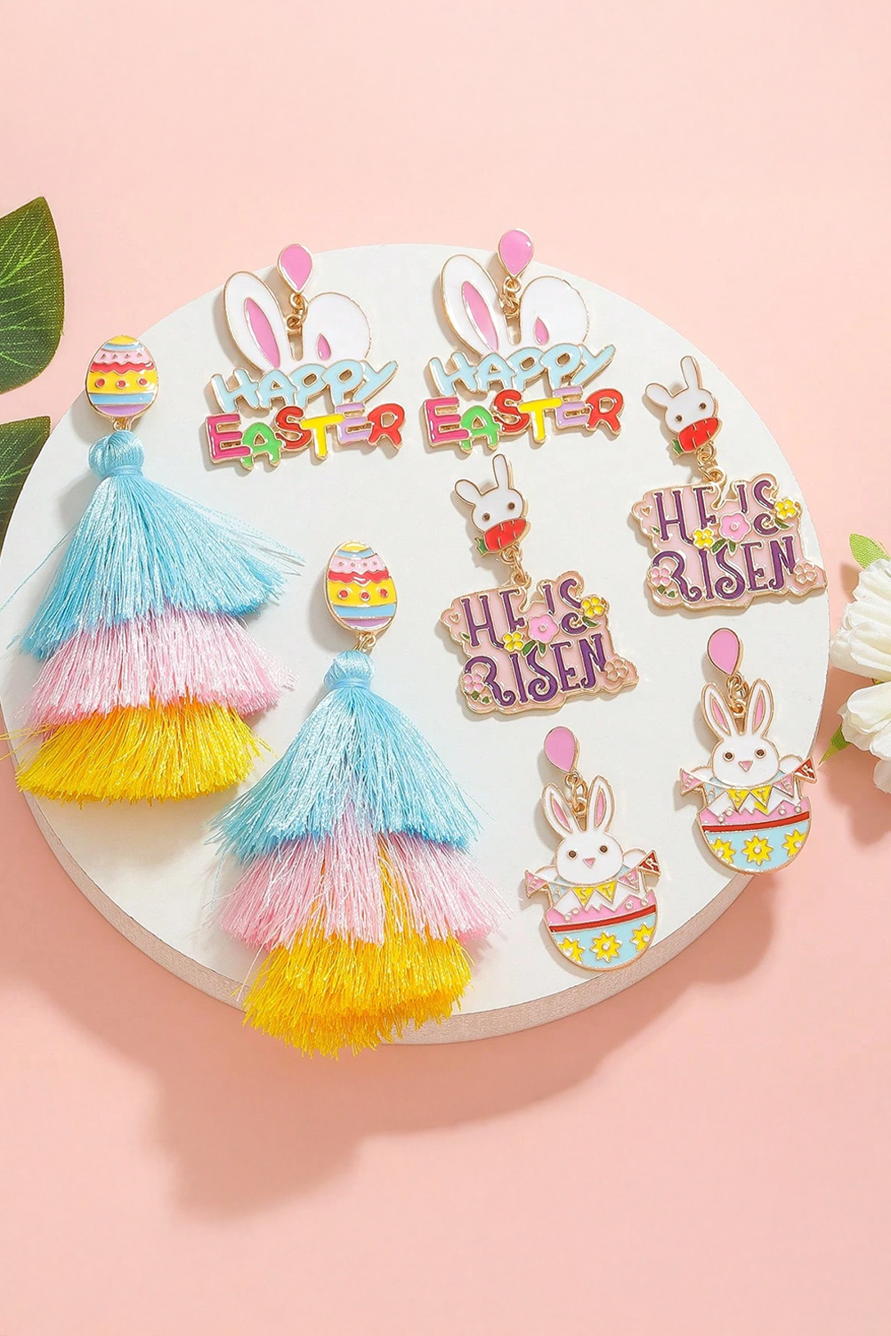 Pink Happy Easter Bunny Ear Pattern Stud Dangle Earrings - loveforevers