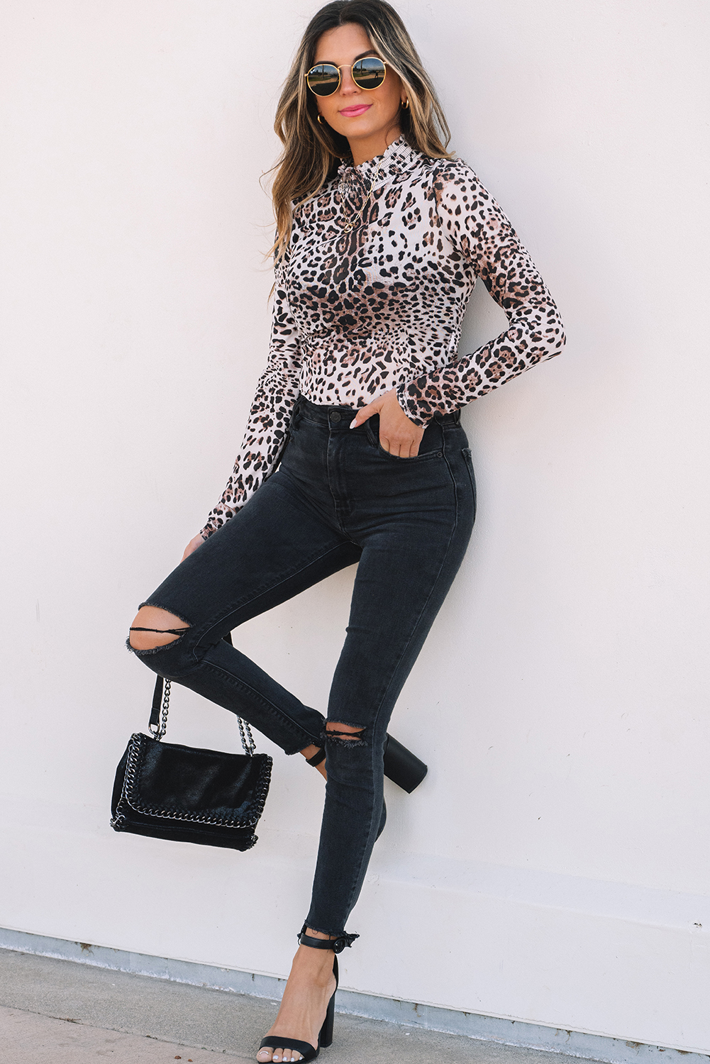 Brown Leopard Smocked Neck Mesh Long Sleeve Bodysuit - loveforevers