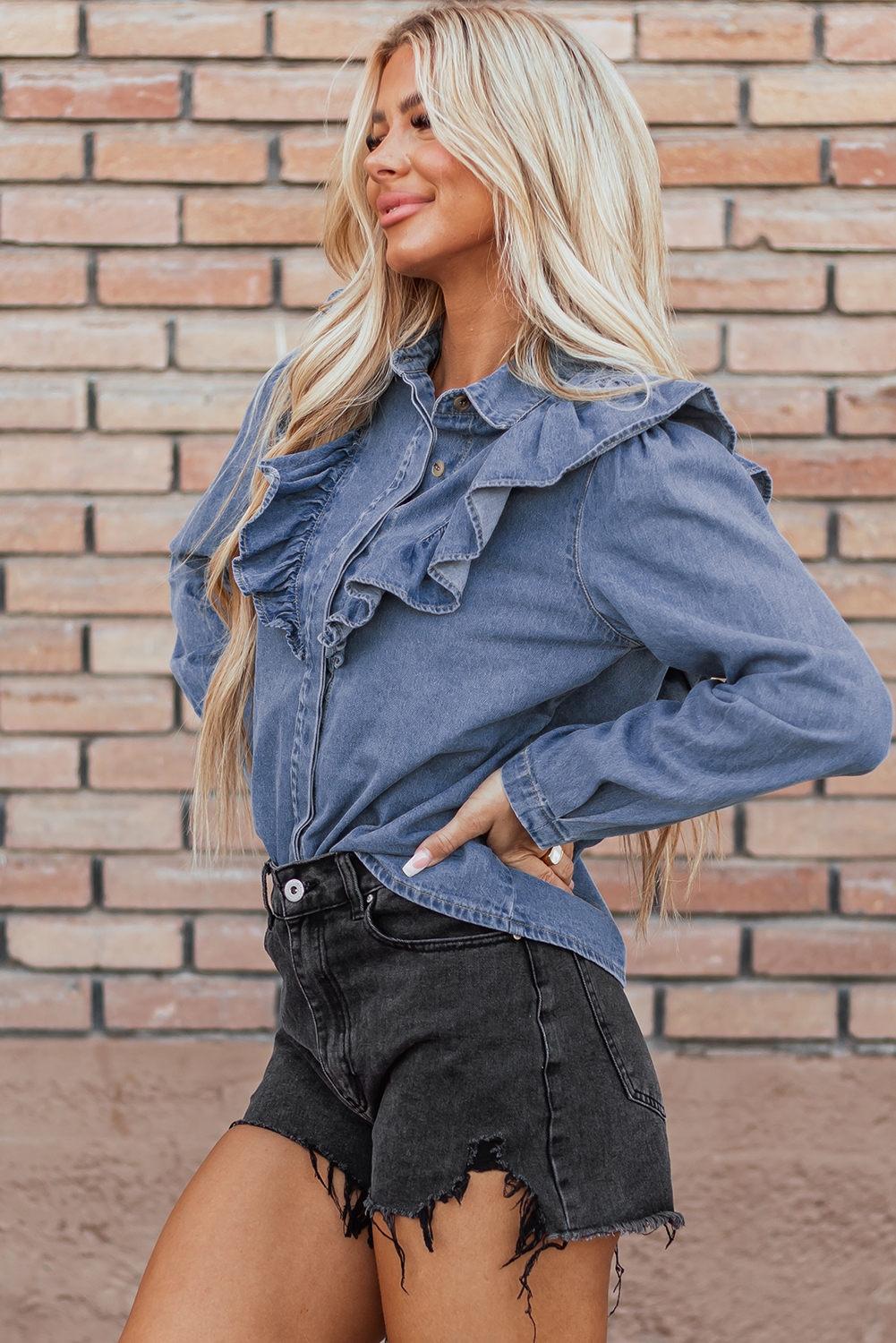 Dusk Blue Denim Ruffled Casual Top - loveforevers
