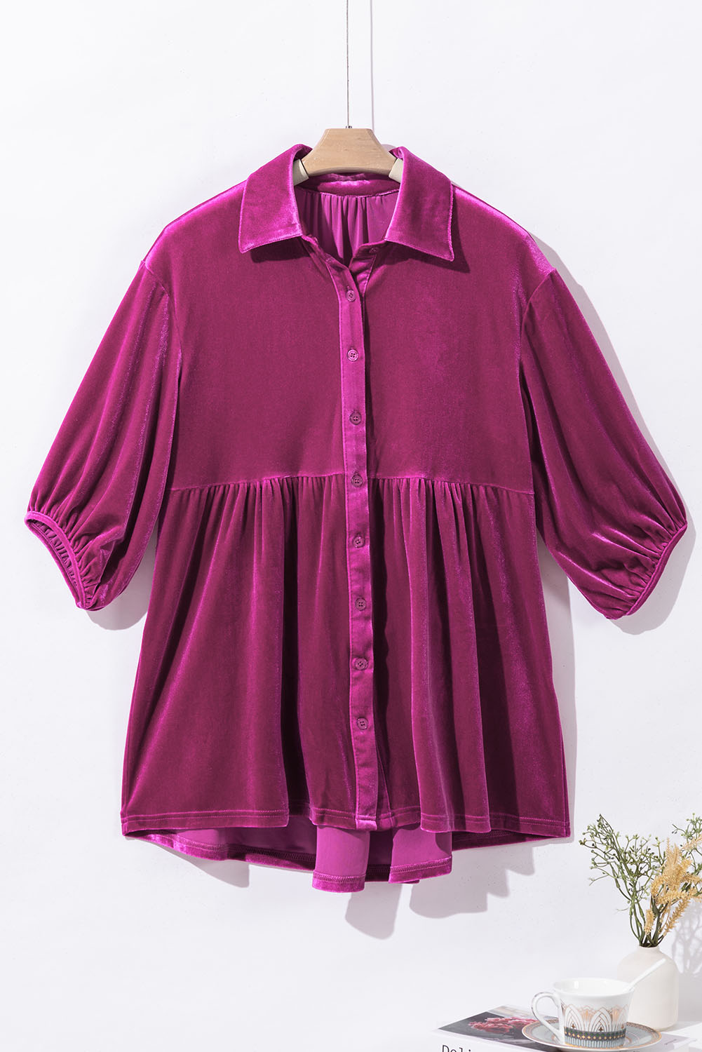 Burgundy 3/4 Sleeve Tunic Babydoll Velvet Shirt - loveforevers