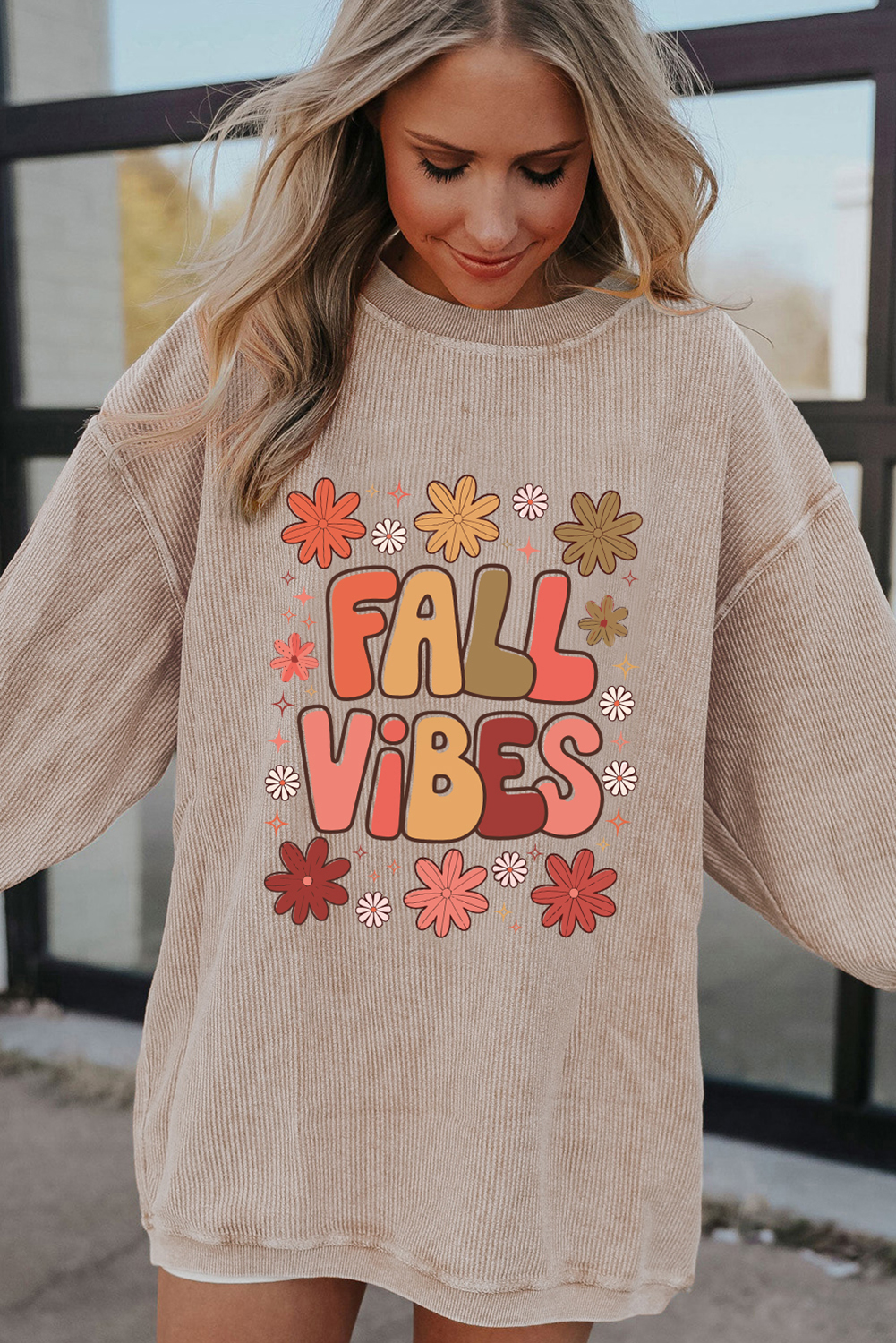 Apricot Twisted Rib FALL VIBE Graphic Baggy Sweatshirt - loveforevers
