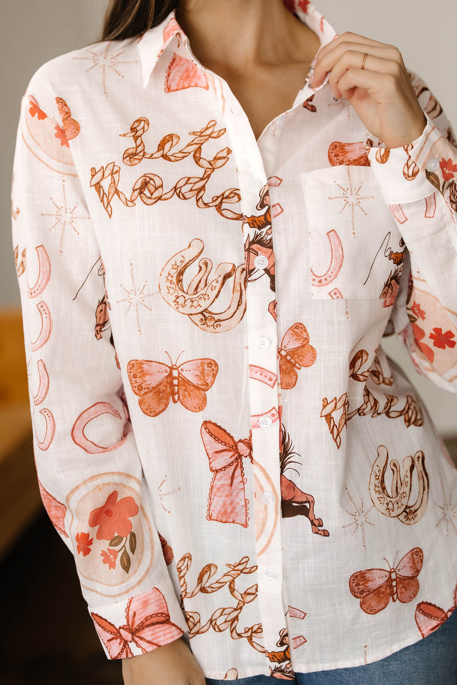 White Rodeo Cowgirl Print Western Button up Shirt - loveforevers