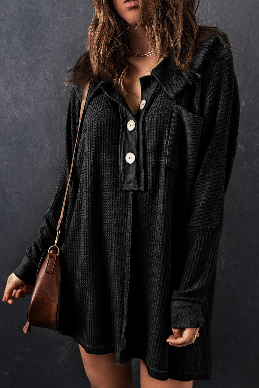 Brown Waffle Knit Buttoned Long Sleeve Top - loveforevers