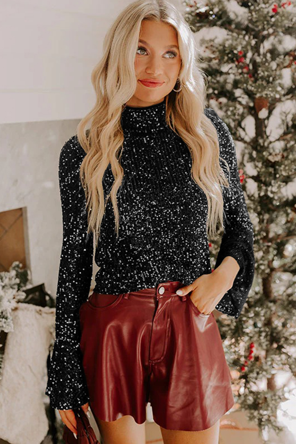 Jet Stream Sequin Mock Neck Drape Open Back Bell Sleeve Top - loveforevers