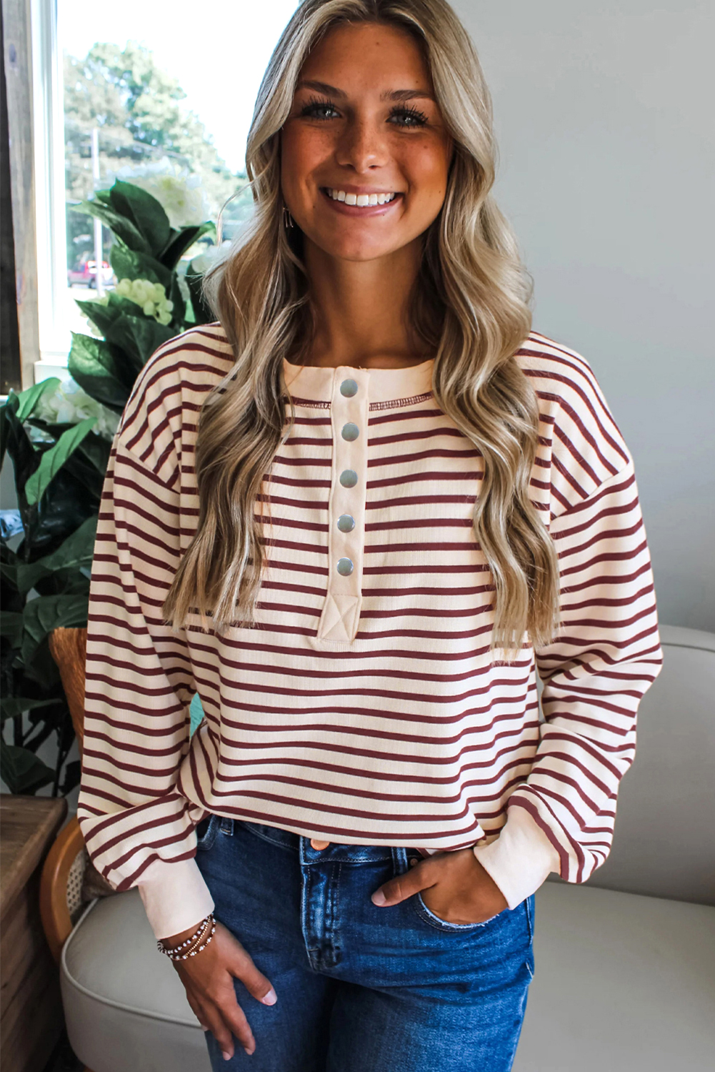 Red Dahlia Striped Print Drop Shoulder Long Sleeve Henley Top - loveforevers