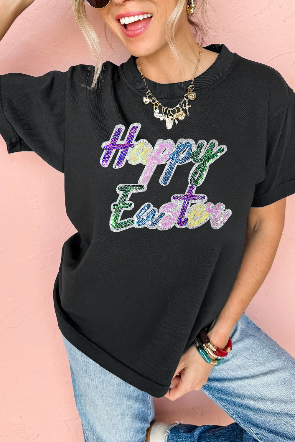 Black Sequined Happy Easter Graphic Tee - loveforevers