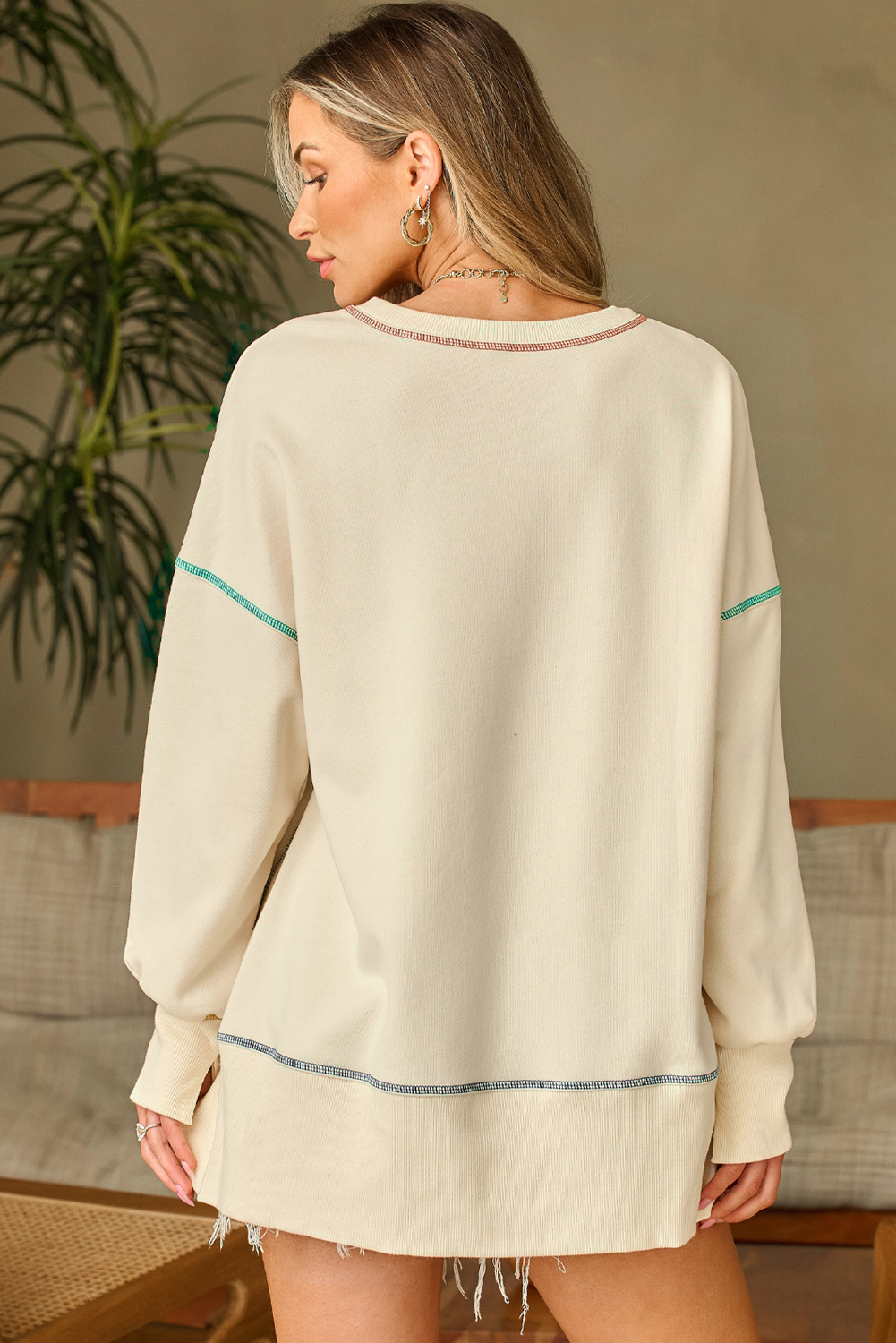 White THANKSGIVING Playful Ribbon Bow Printed Contrast Trim Baggy Sweatshirt - loveforevers