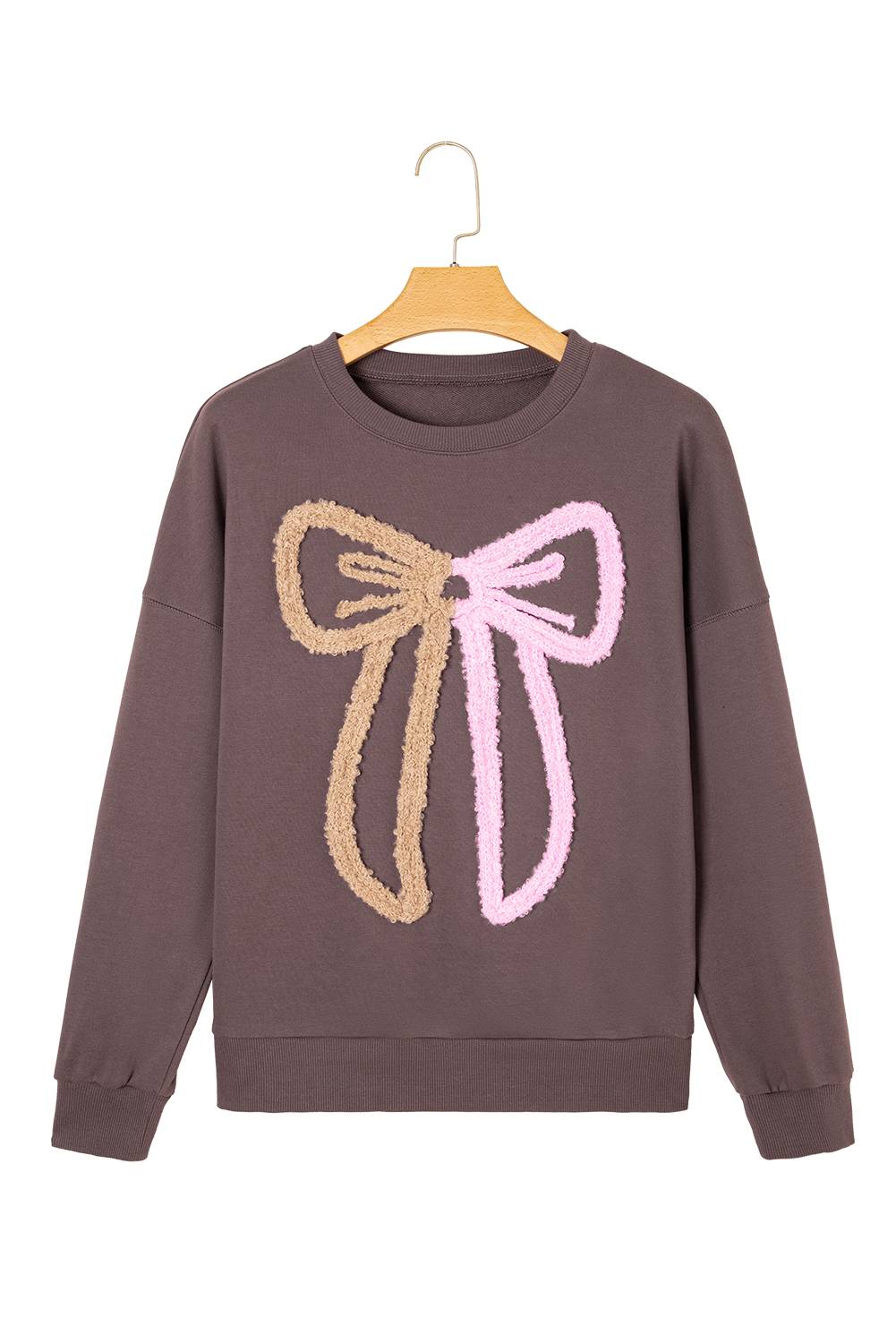 Dark Khaki Contrast Terry Bow Pattern Drop Shoulder Sweatshirt - loveforevers