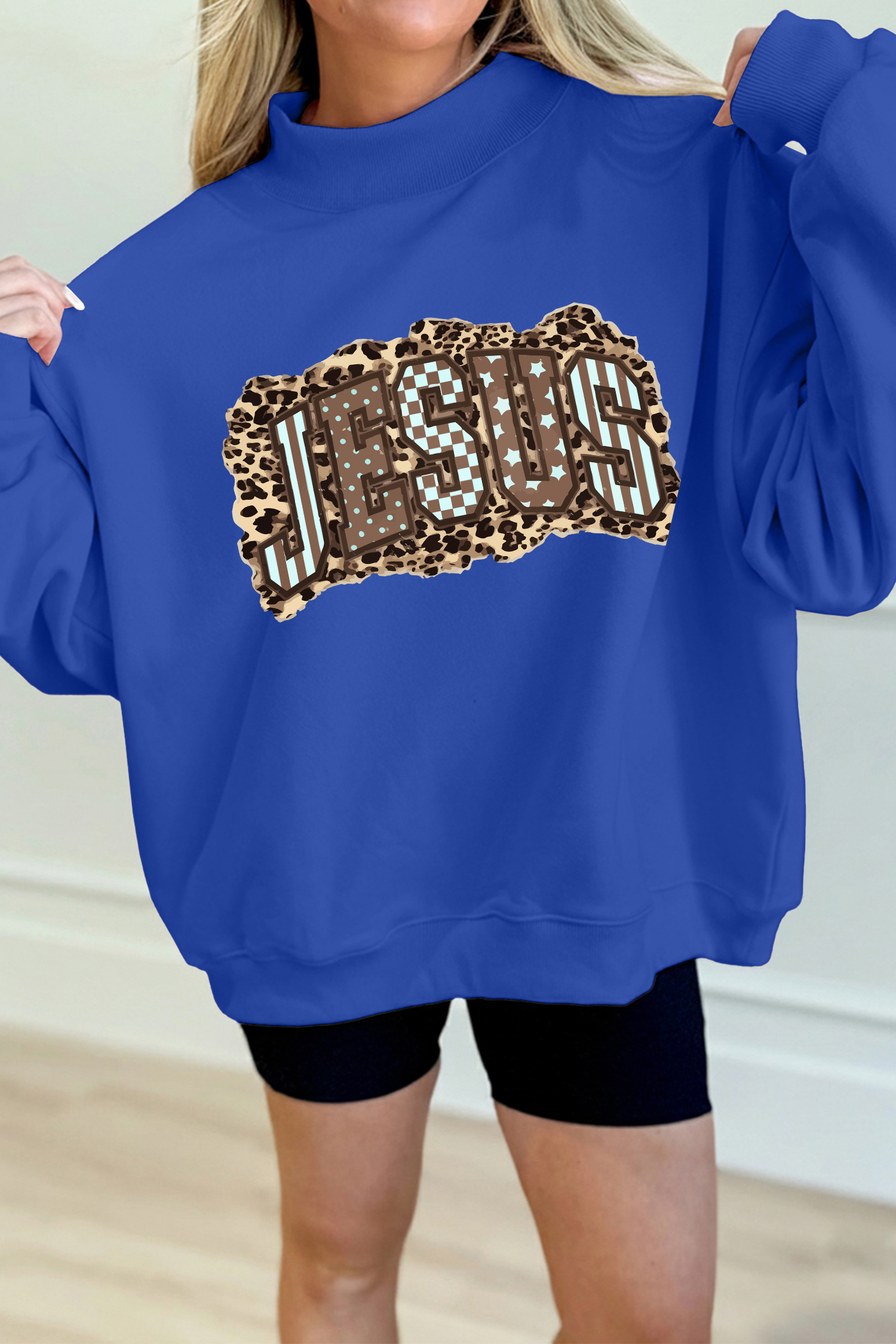 Dark Blue JESUS Playful Leopard Letter Print Mock Neck Sweatshirt - loveforevers
