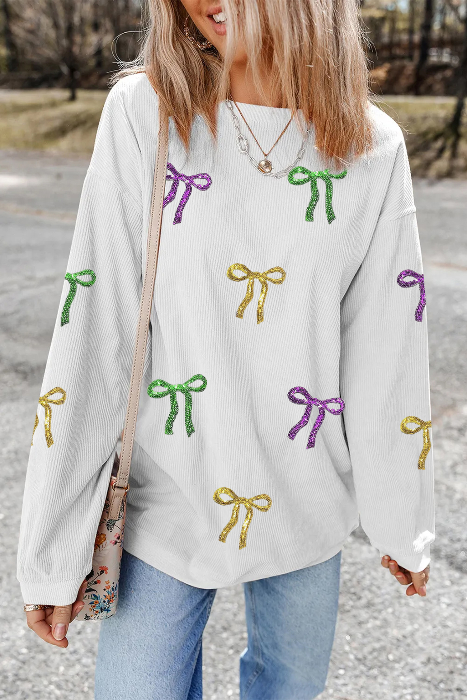 White 3D Ribbed Sequin Mardi Gras Bow Baggy Sweatshirt - loveforevers