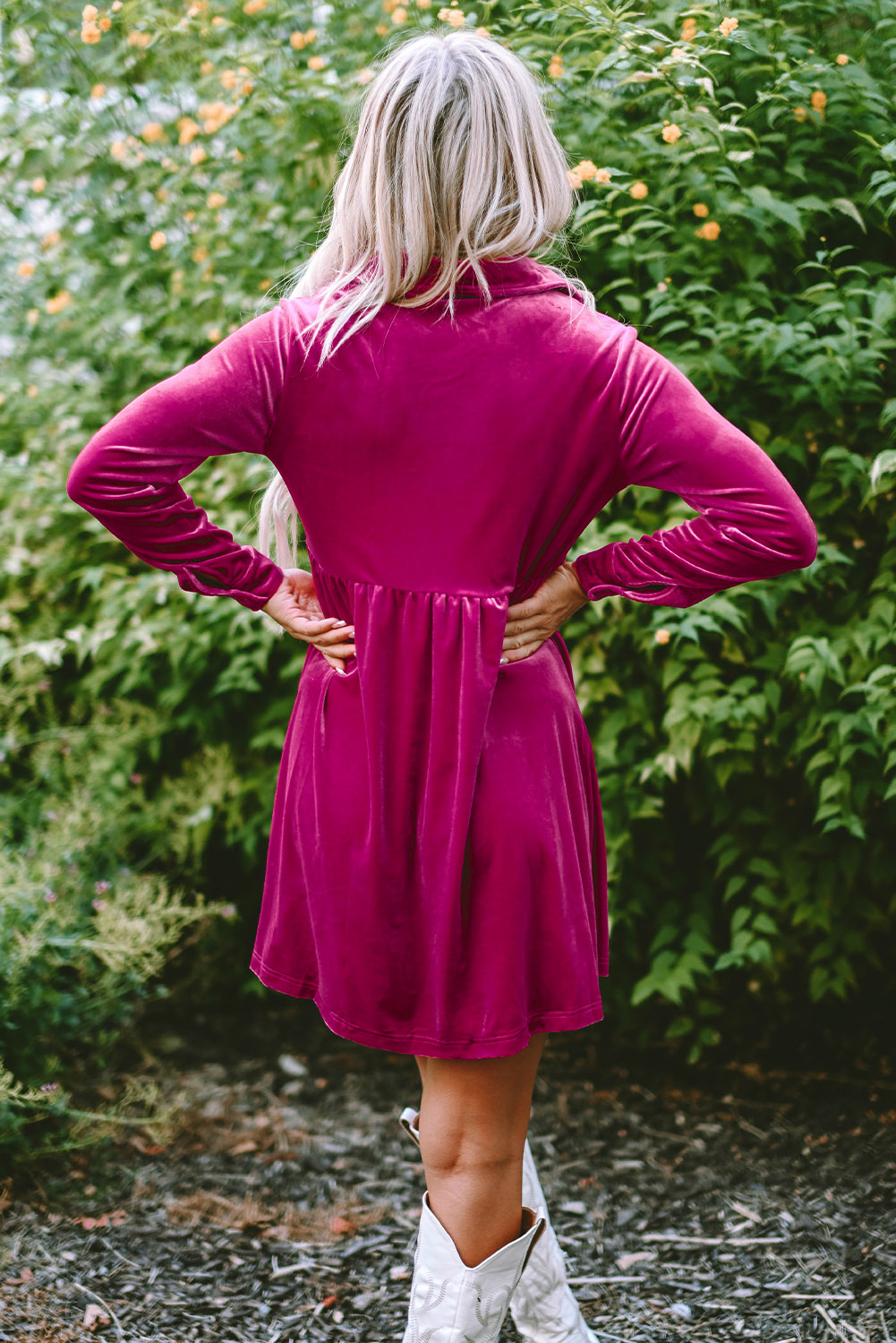 Fiery Red Long Sleeve Ruffle Velvet Button Up Dress - loveforevers