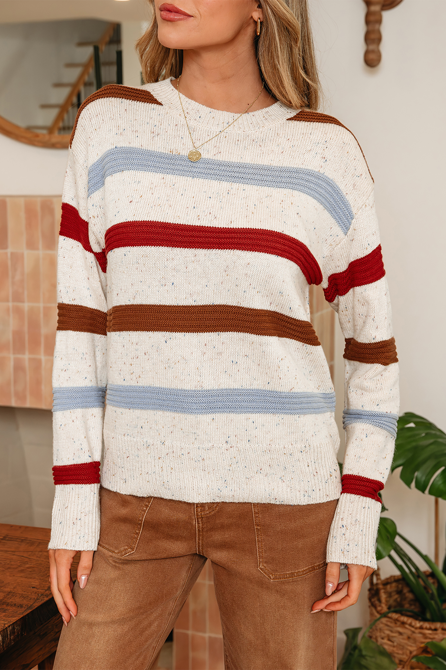 Beige Stripe Exposed Seam Drop Shoulder Heathered Knit Sweater - loveforevers